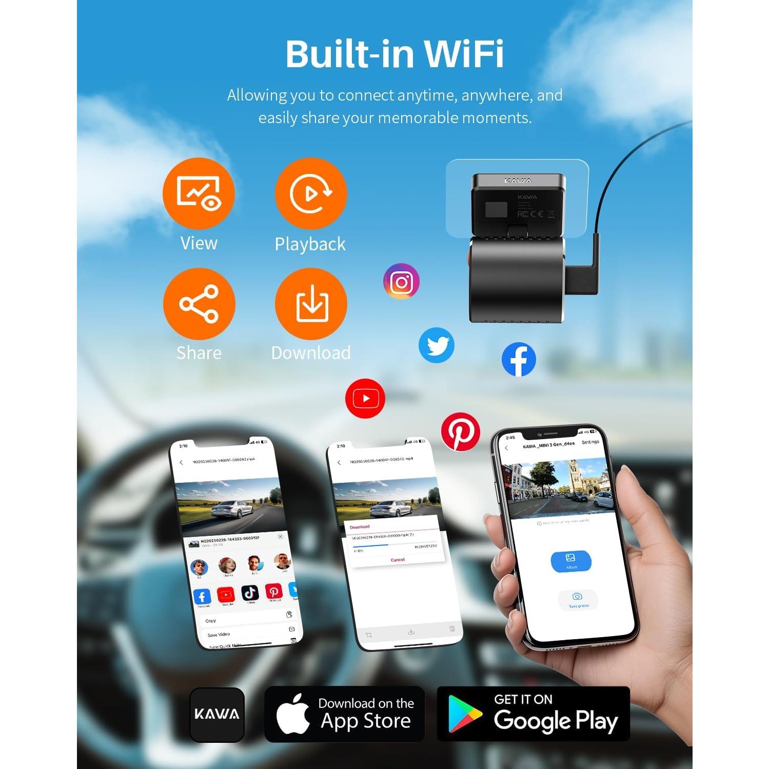 Cámara de Salpicadero KAWA 2K 1296P con Control por Voz y WiFi