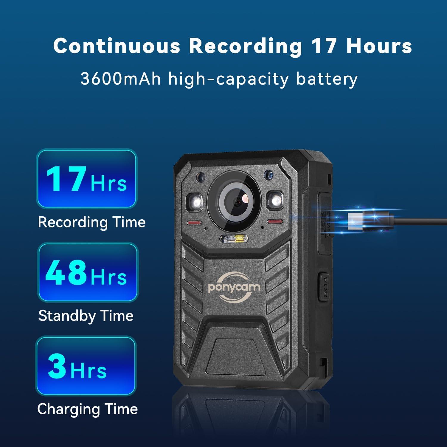 Cámara Corporal HD 1440P Ponycam BC605 128GB Batería 17h