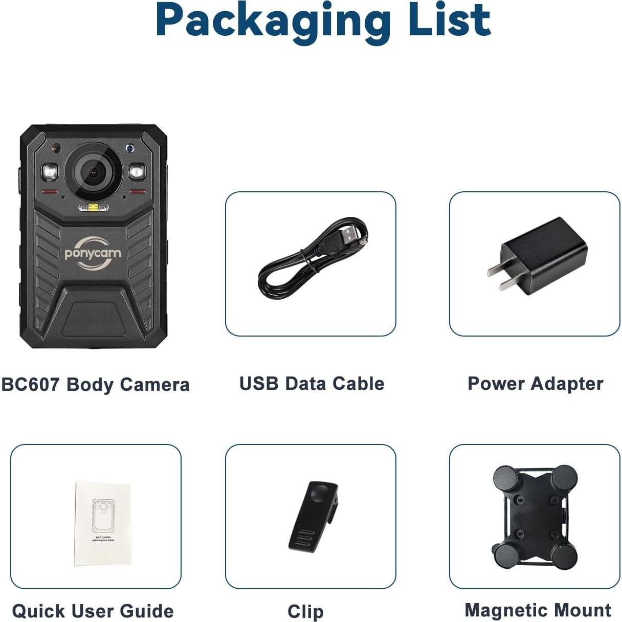 Cámara Corporal HD 1440P Ponycam BC605 128GB Batería 17h