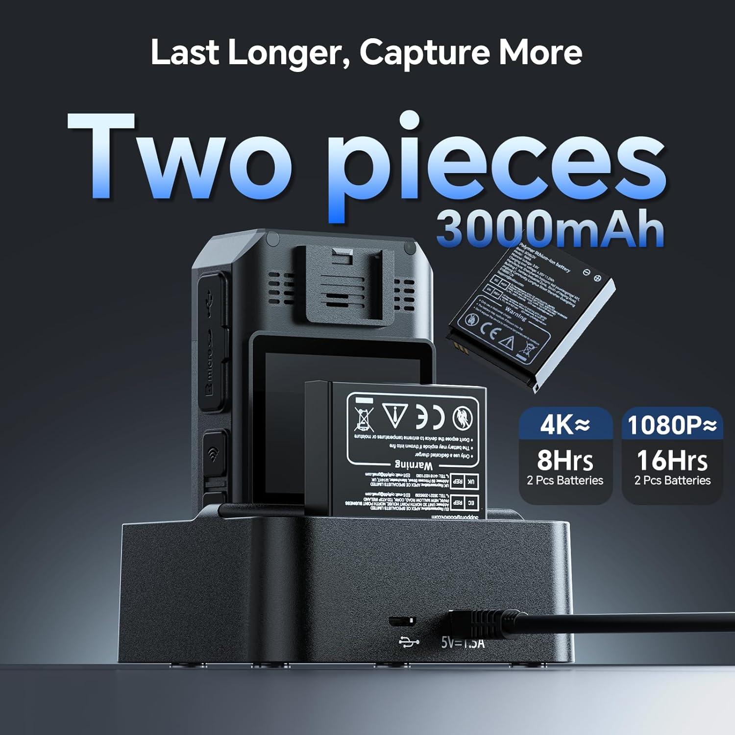 Cámara Corporal BOBLOV B4K6 4K con GPS y 2 Baterías 3000mAh