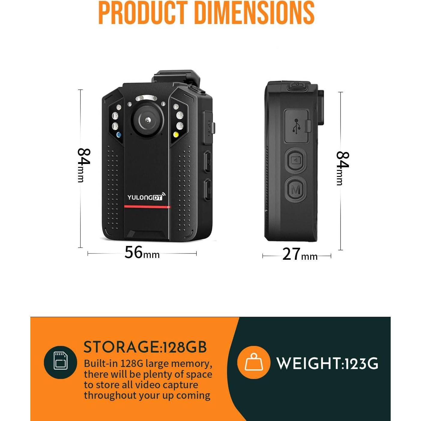 Cámara Corporal YULONGDT Full HD 1440P 128GB con Visión Nocturna