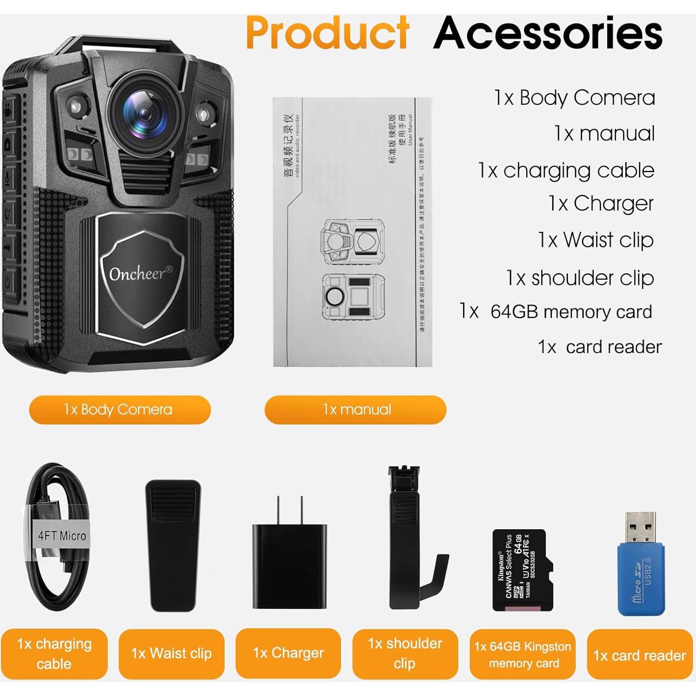 Cámara Corporal Infrarroja 1080P ONCHEER P95 con 64GB