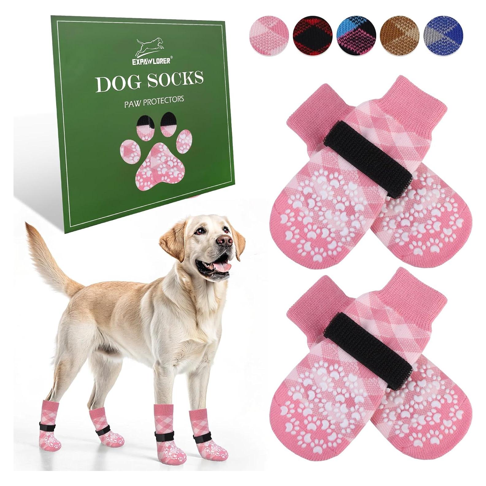 EXPAWLORER Dog Socks to Prevent Licking Paws, Dog Shoes for Hot Pavement, Anti Slip Dog Booties for Hardwood Floors, Dog Boots & Paw Protectors for Small Medium Large Senior Dogs, Pink XS