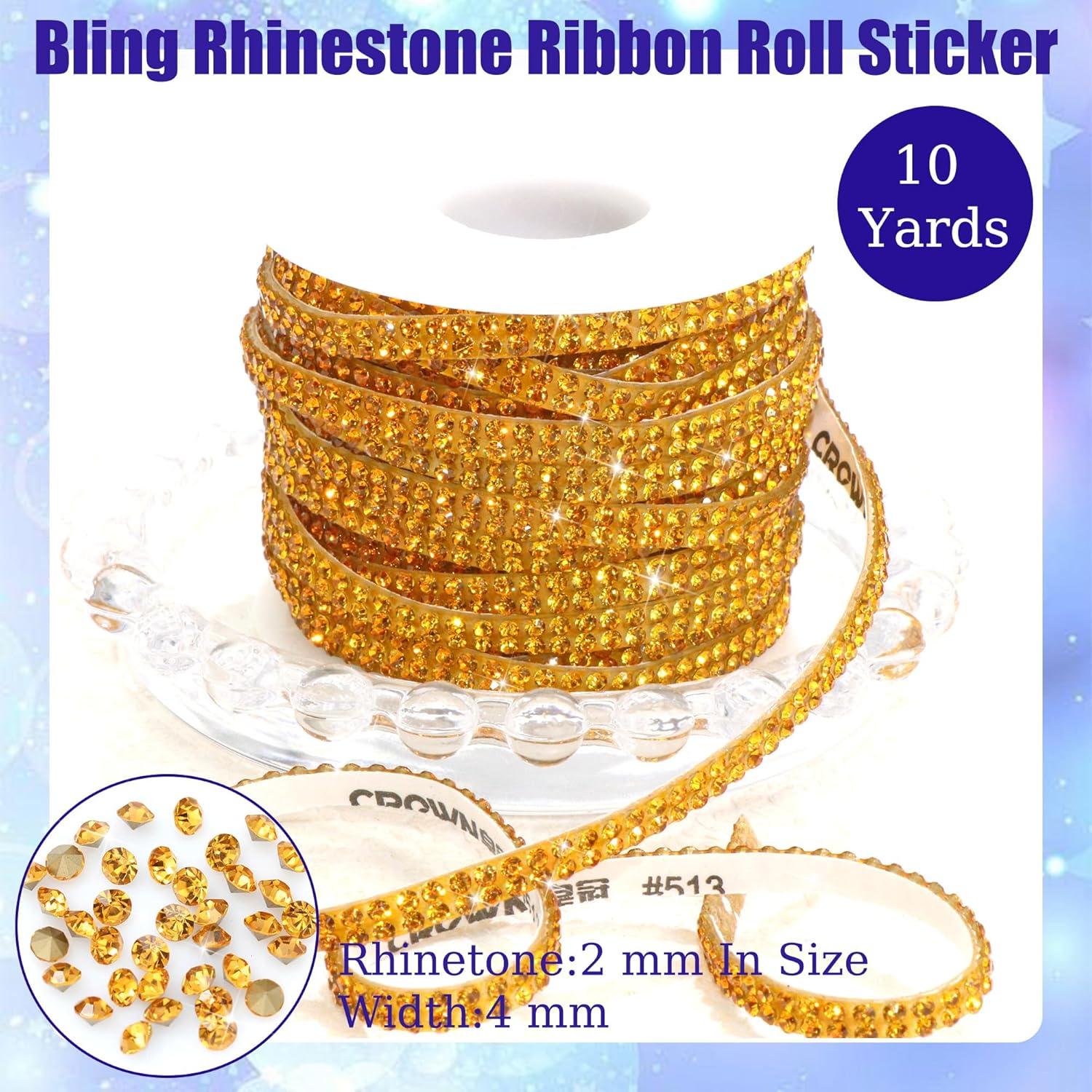 Cinta de Rhinestone Dorado Brillante ROYTOER 10 Yardas 0.4 cm