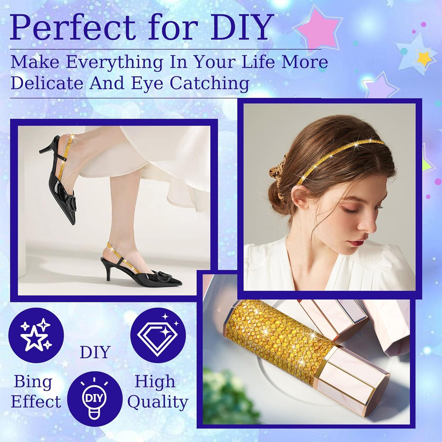 Cinta de Rhinestone Dorado Brillante ROYTOER 10 Yardas 0.4 cm