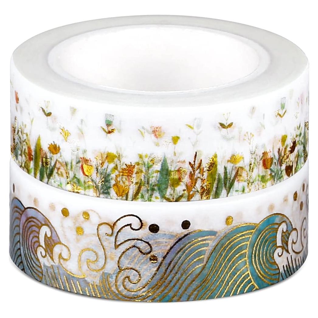 Cinta Washi Decorativa SHANGRLA 2 Rollos Floral y Olas 15mm x 10m