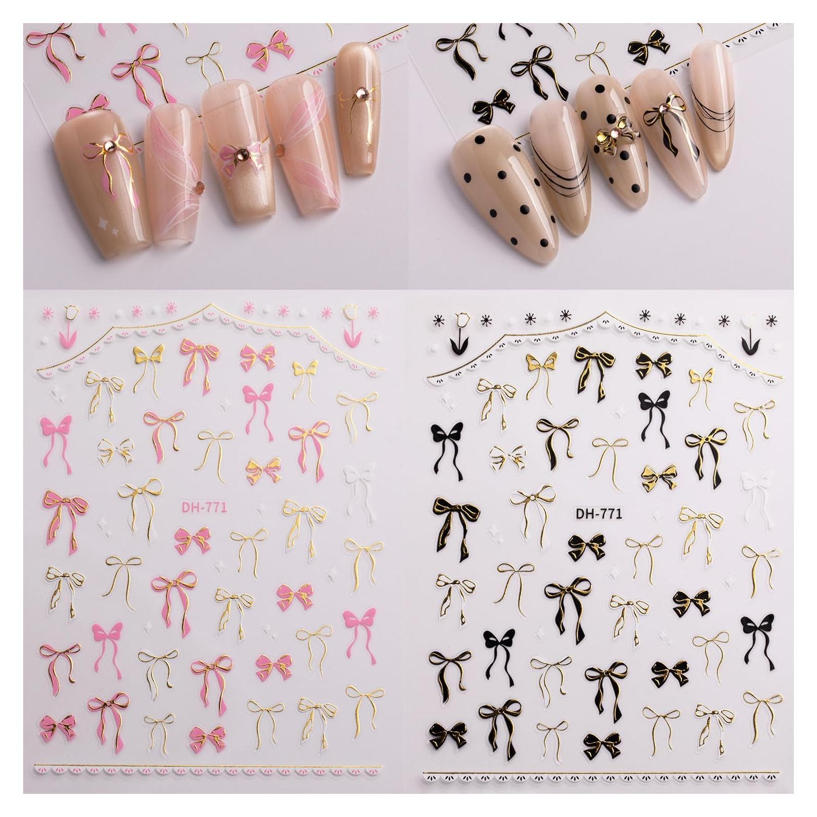 Calcomanías de Uñas 5D Maigitur Lazo Rosa Dorado 2 Hojas