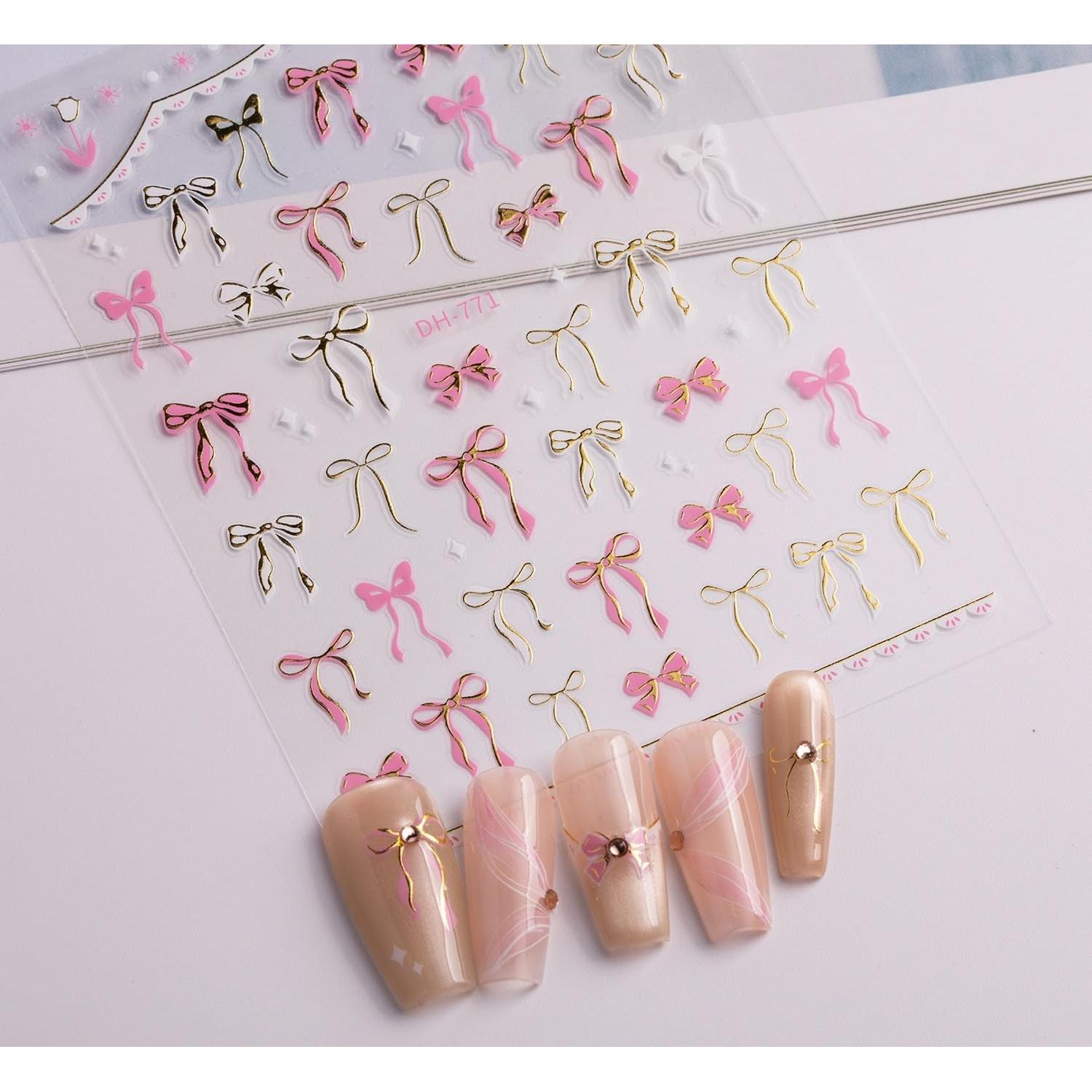 Calcomanías de Uñas 5D Maigitur Lazo Rosa Dorado 2 Hojas