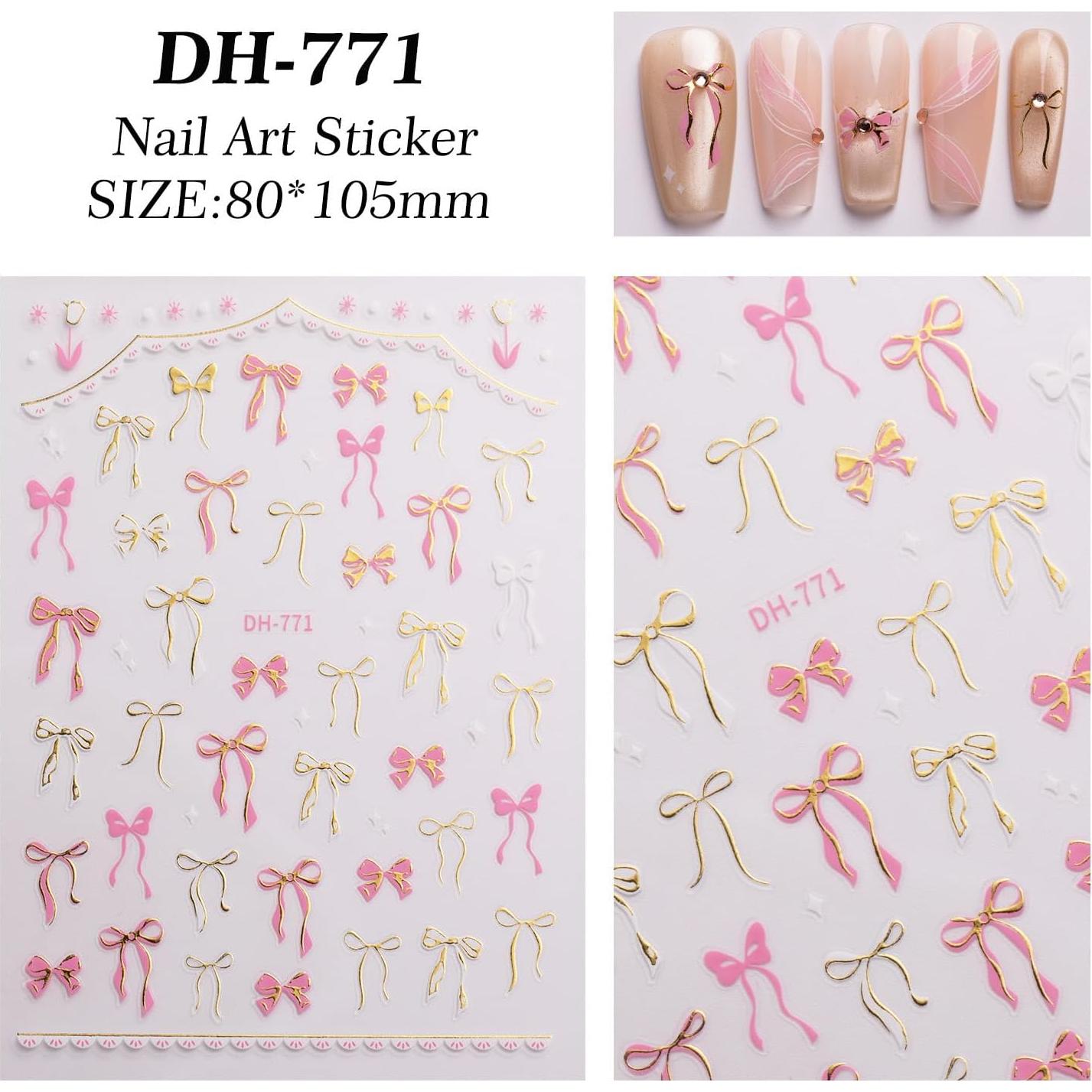 Calcomanías de Uñas 5D Maigitur Lazo Rosa Dorado 2 Hojas