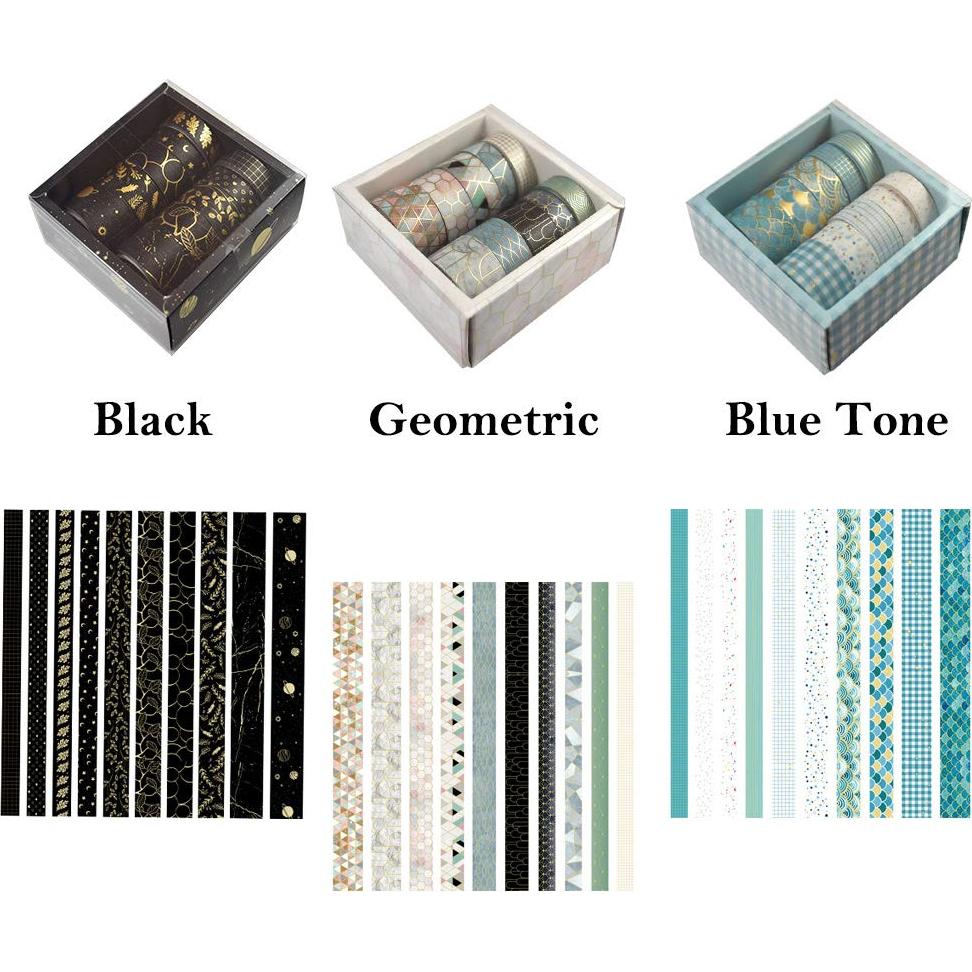 Conjunto Washi Tape 10 Rollos Geométrico Floral Dorado 3m