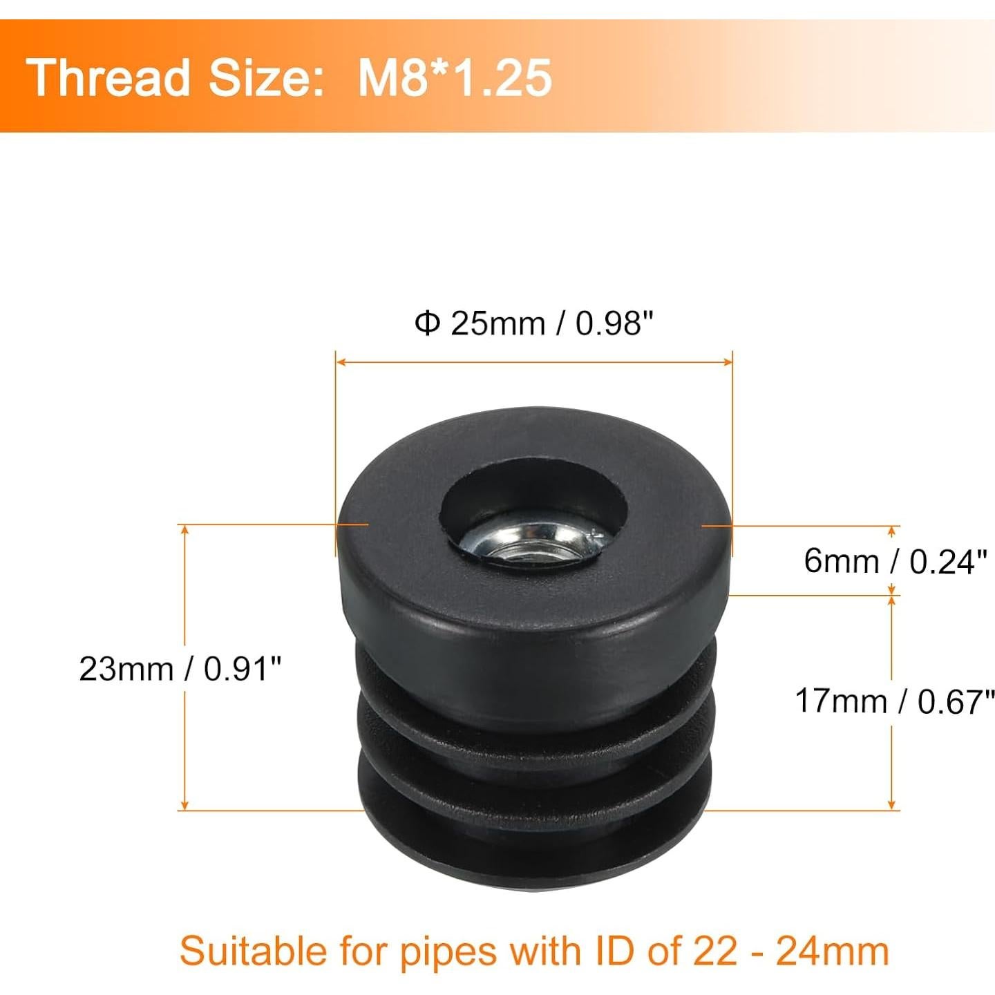 Tapones de Plástico Negro uxcell para Tubo Redondo 25mm M8 - 6 Pcs