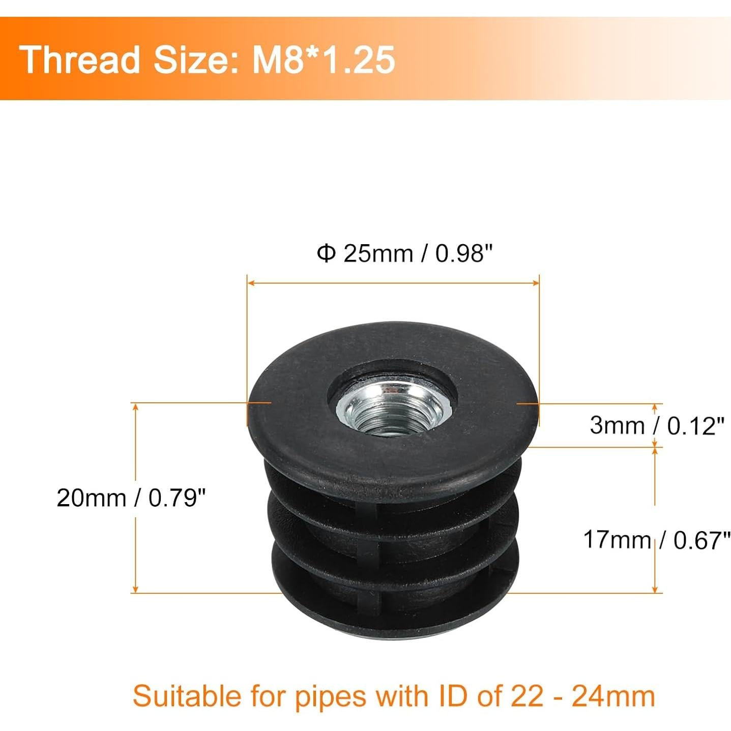 Tapones de Plástico Negro M8 para Patas de Muebles - 10 Pcs