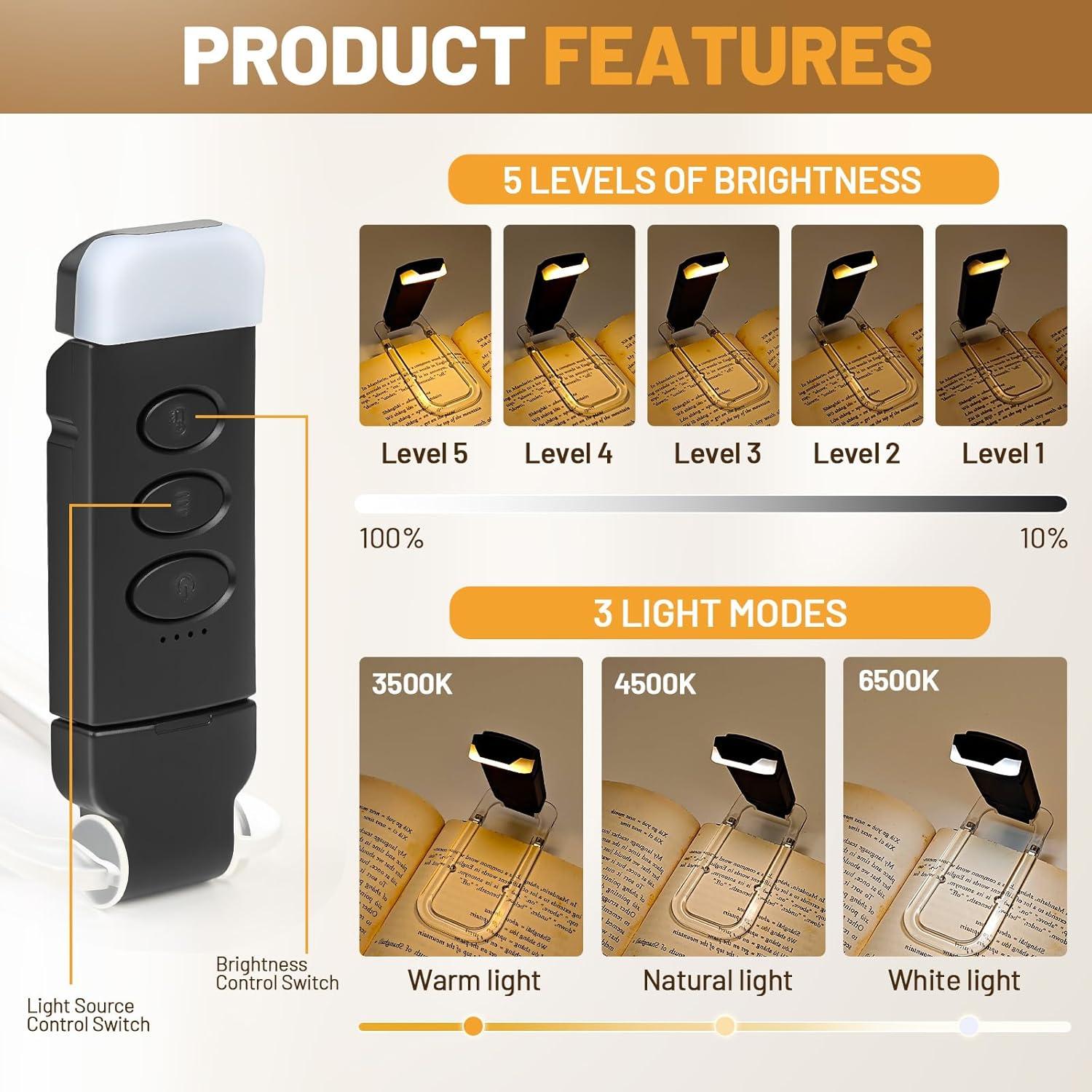 Luz de Lectura Recargable YONSEN con 5 Brillos y 3 Colores