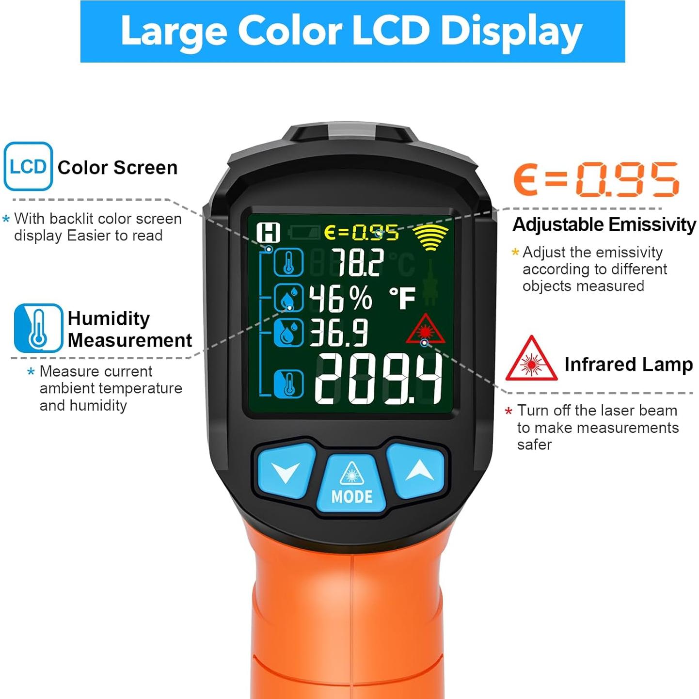 Pistola Termómetro Infrarrojo TEMIRUP -50°C a 800°C LCD Color