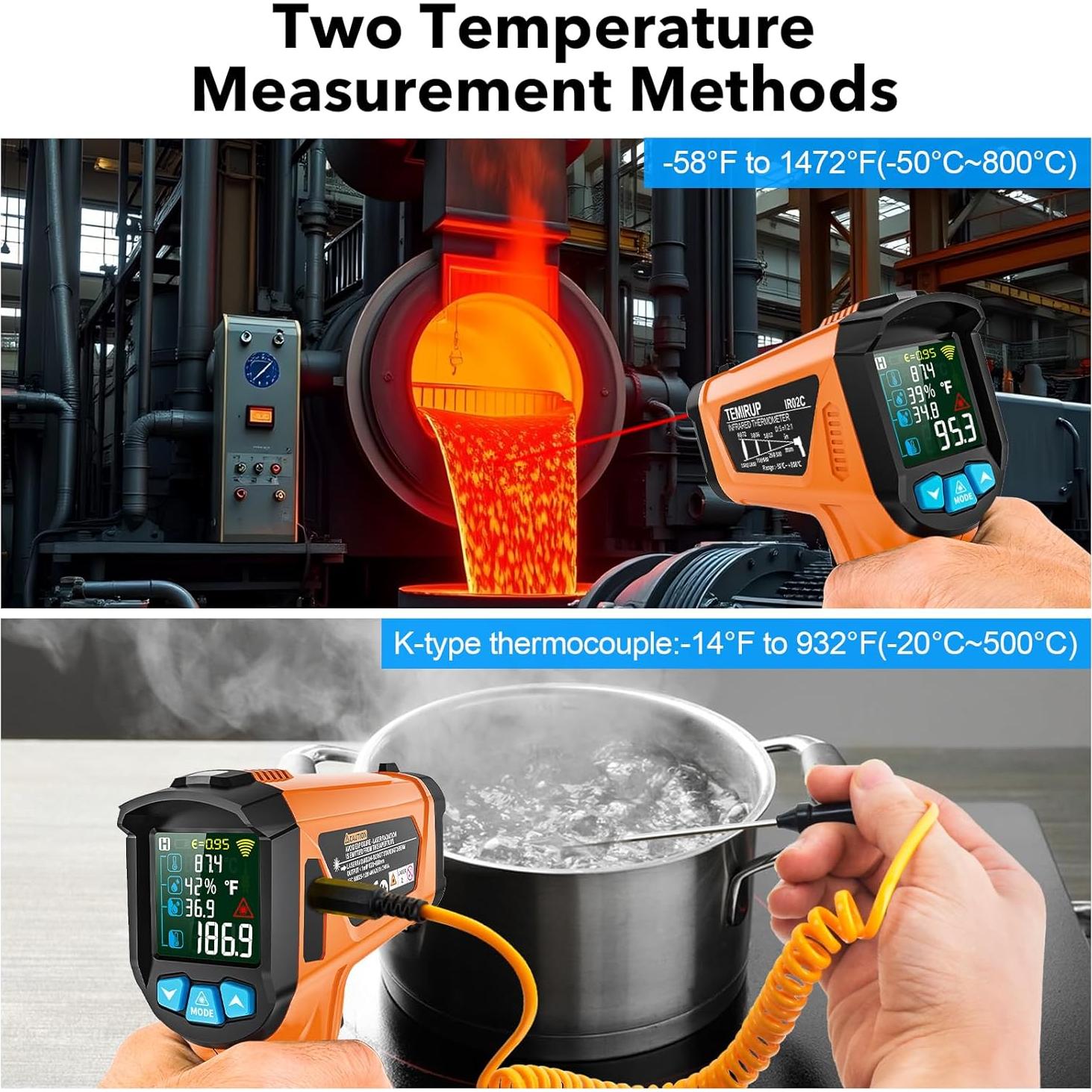 Pistola Termómetro Infrarrojo TEMIRUP -50°C a 800°C LCD Color