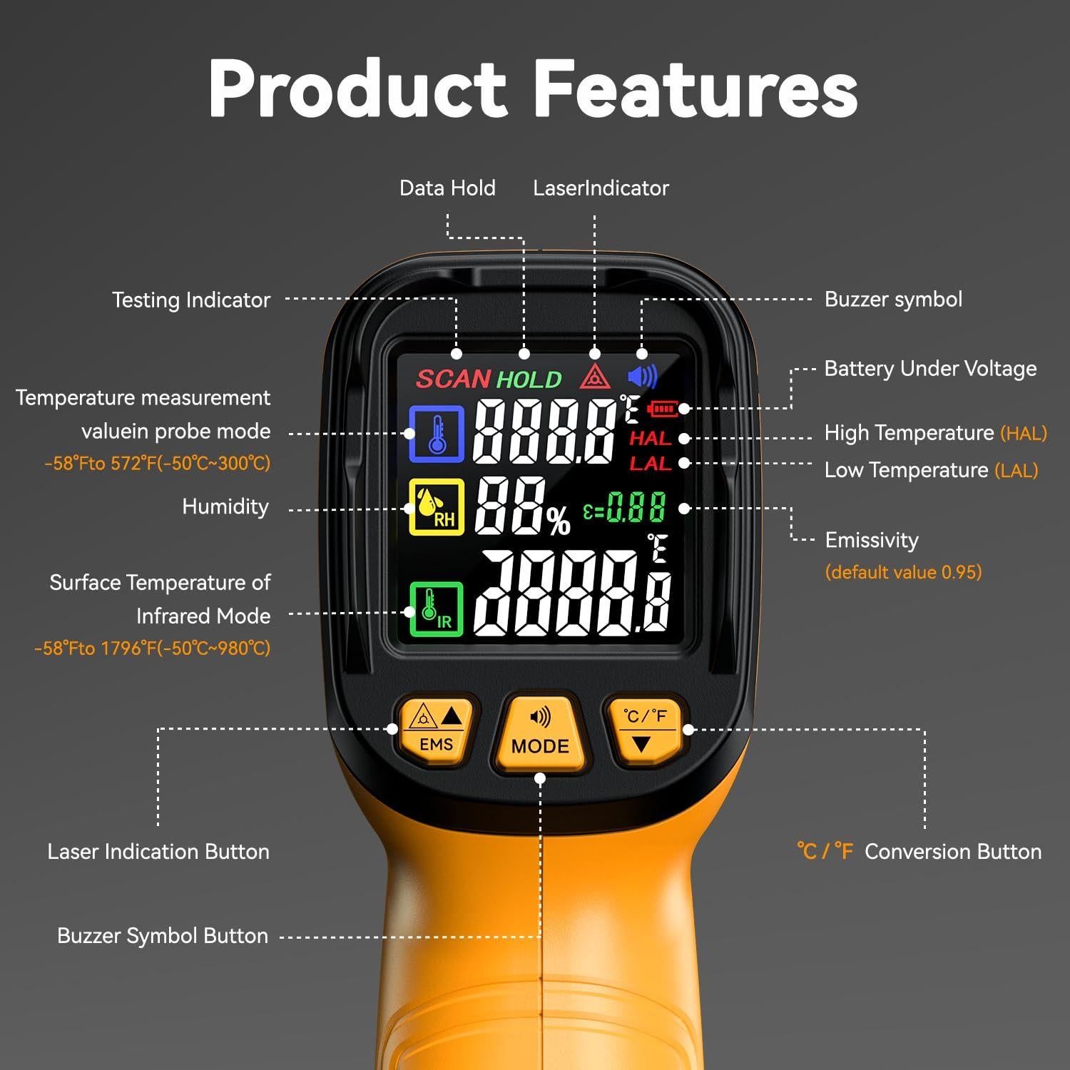 Termómetro Infrarrojo MOONASCEND K2-1500, Rango -50°C a 1500°C