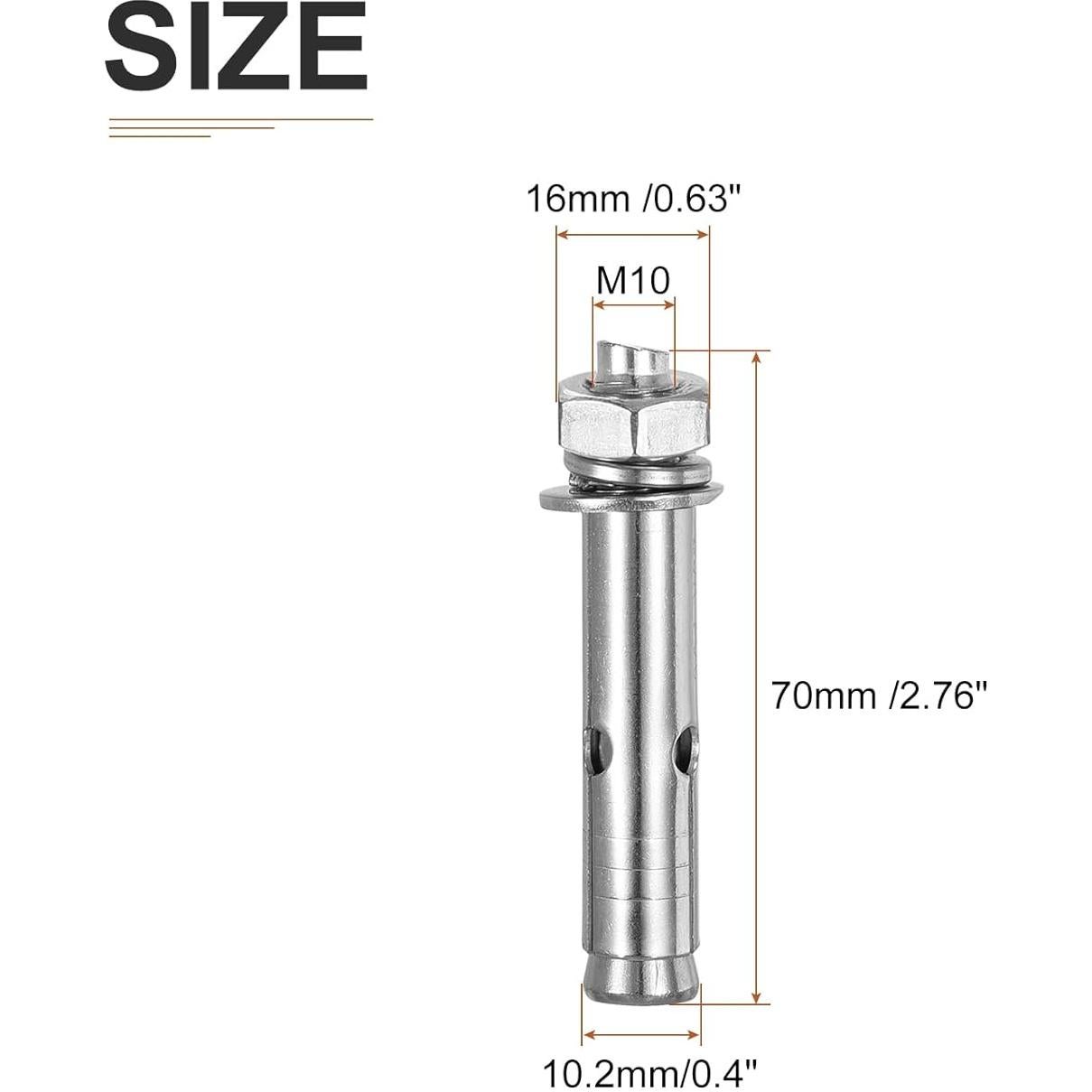 Tornillos de Expansión M10 x 70mm Acero Inoxidable 304 - Paquete de 4