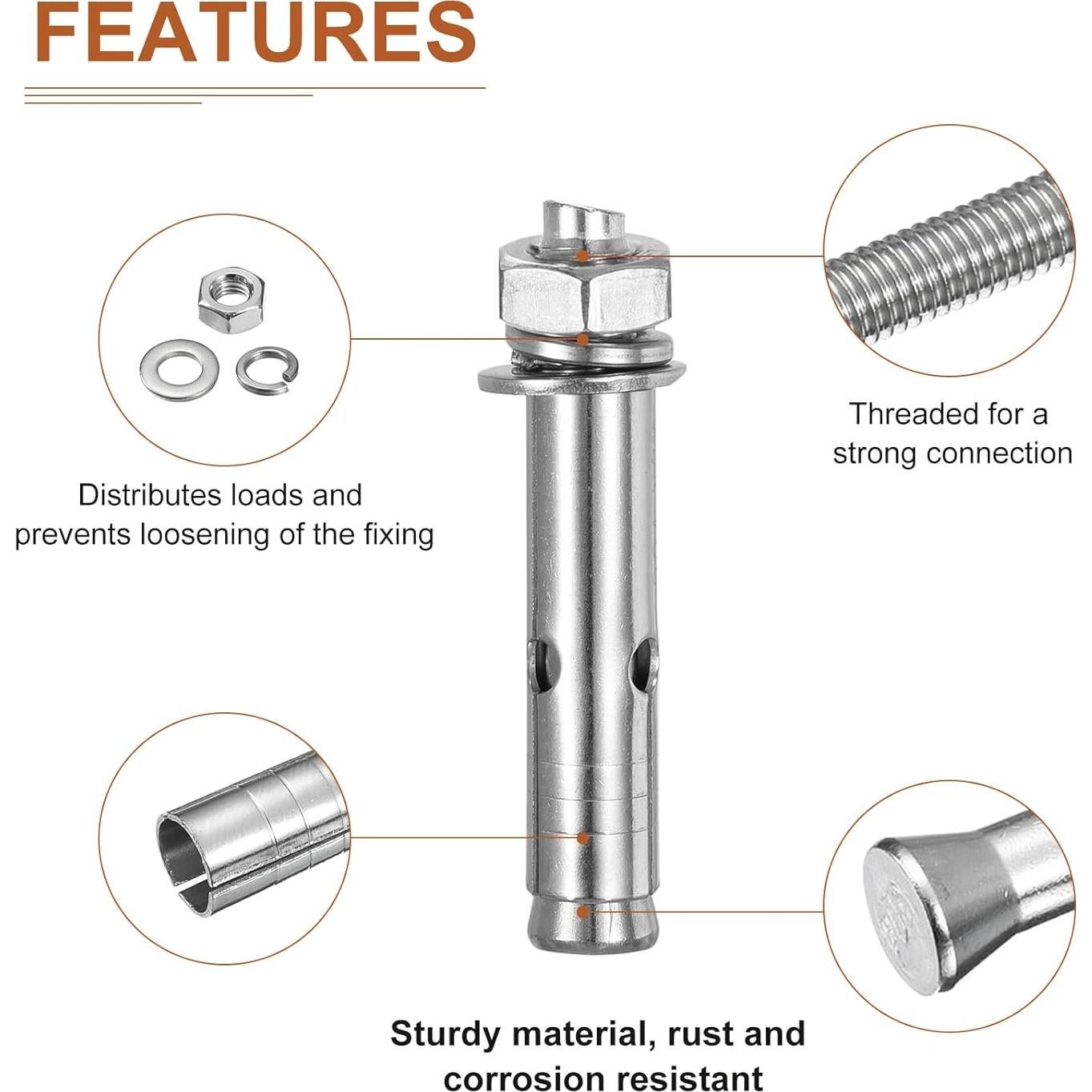 Tornillos de Expansión M10 x 70mm Acero Inoxidable 304 - Paquete de 4