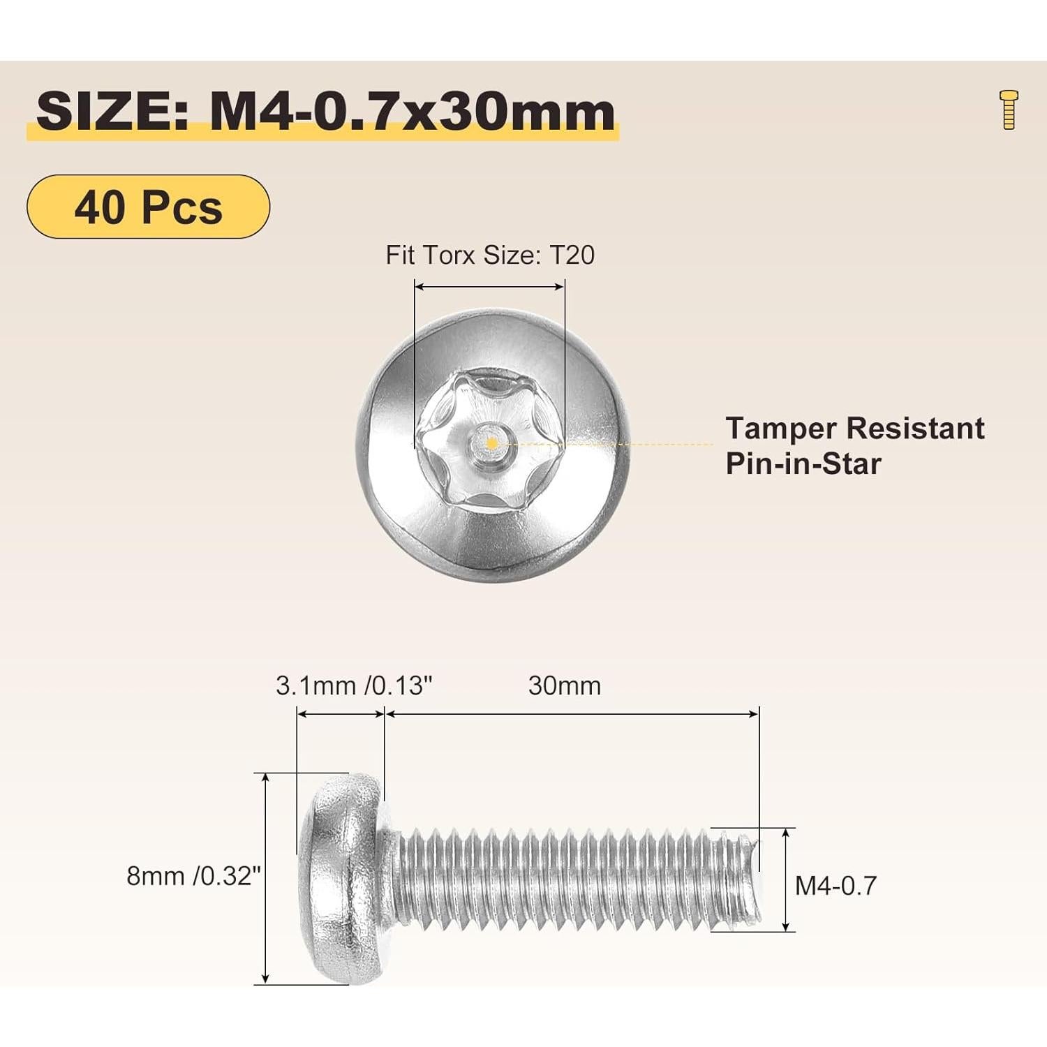 Tornillos de Seguridad Torx Metallixity M4-0.7x30mm 40Pcs