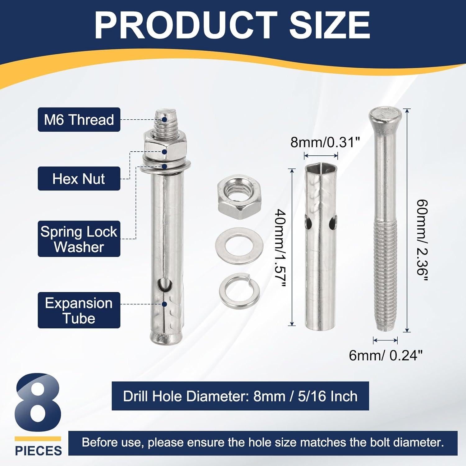 Tornillos de Expansión Acero Inoxidable 304 PATIKIL M6 60mm 8 Pcs
