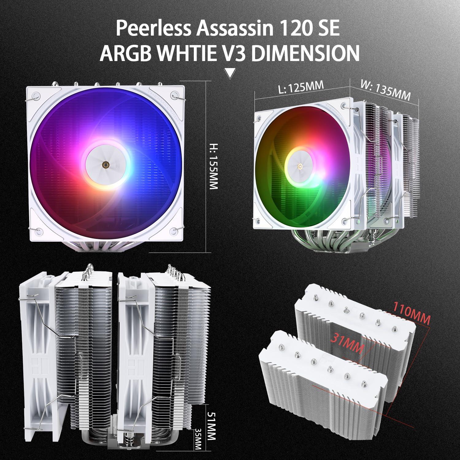 Enfriador de CPU Thermalright Peerless Assassin 120 SE ARGB Blanco V3, 155mm, Doble Torre, 6 Tubos de Calor