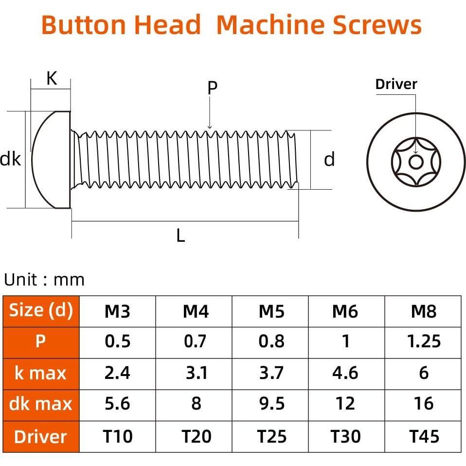 Tornillos de Cabeza Botón Torx MewuDecor M5 x 25mm 25 PCS
