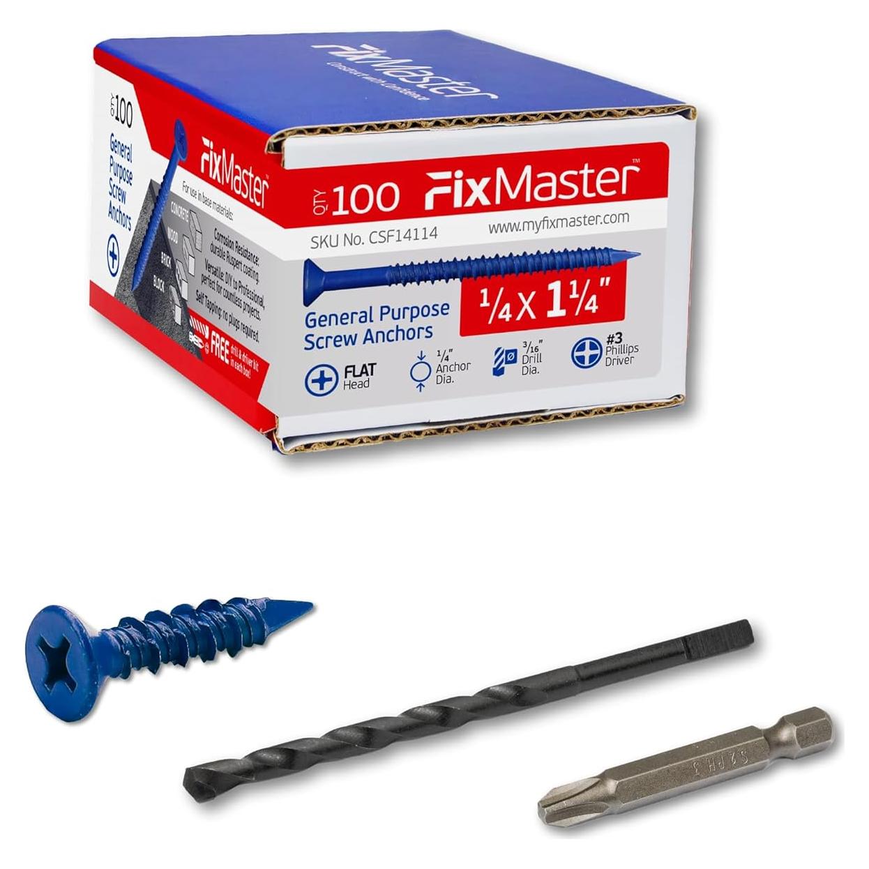 Anclajes de Tornillo FixMaster 1/4" x 3.18 cm Azul - Kit 100 Pzas