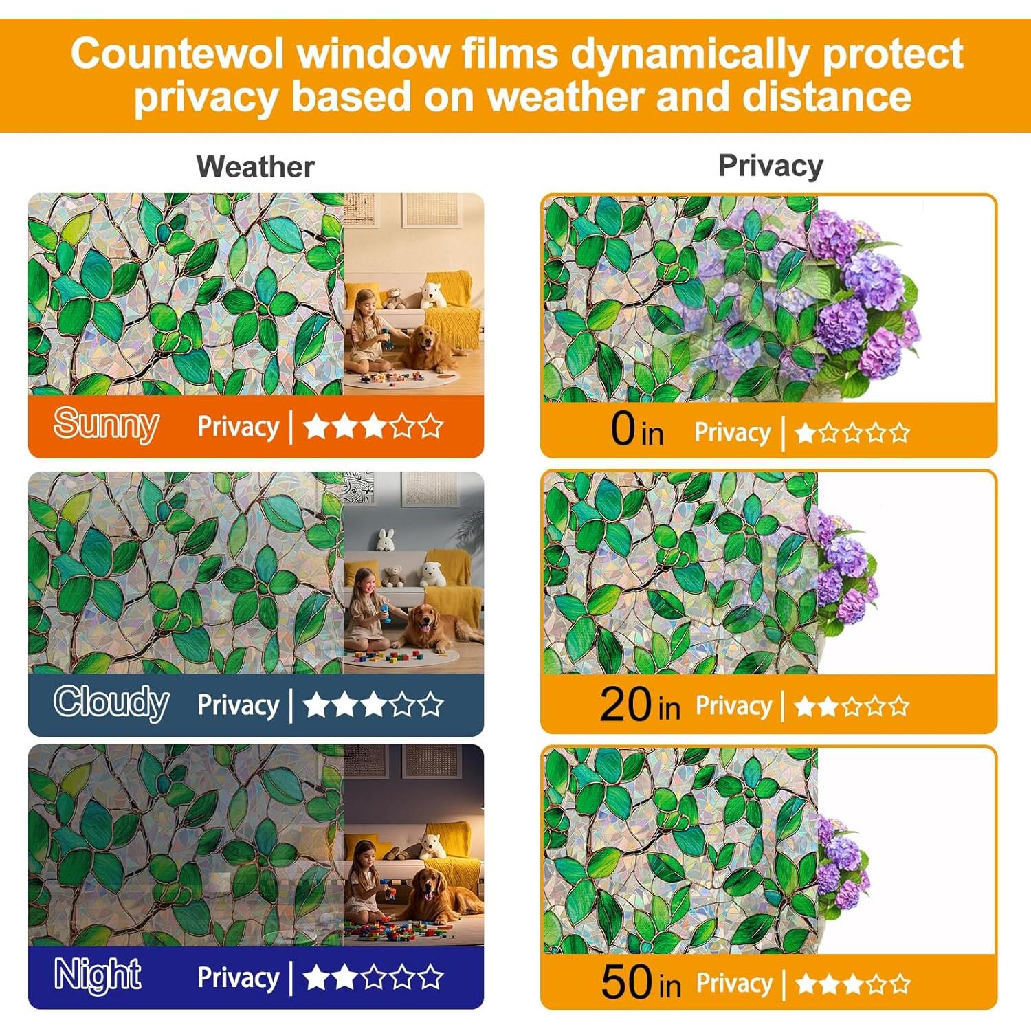 Película de Privacidad para Ventanas COUNTEWOL 44.5x200cm Verde