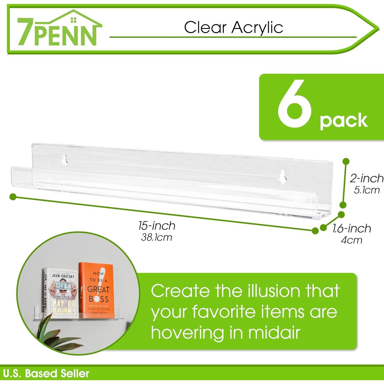 Estantes Flotantes Acrílicos 7Penn - Paquete de 6, 38.1 cm