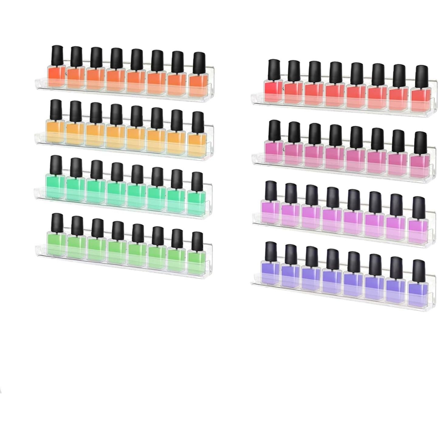 ROYALITA 8-Pack Acrylic Shelves - Nail Polish Organizer Wall Mounted Shelves, Nail Polish Rack with Removable Anti-Slip End Inserts, Nail Polish Holder for Bottles Nail Polish Display & Storage Shelf