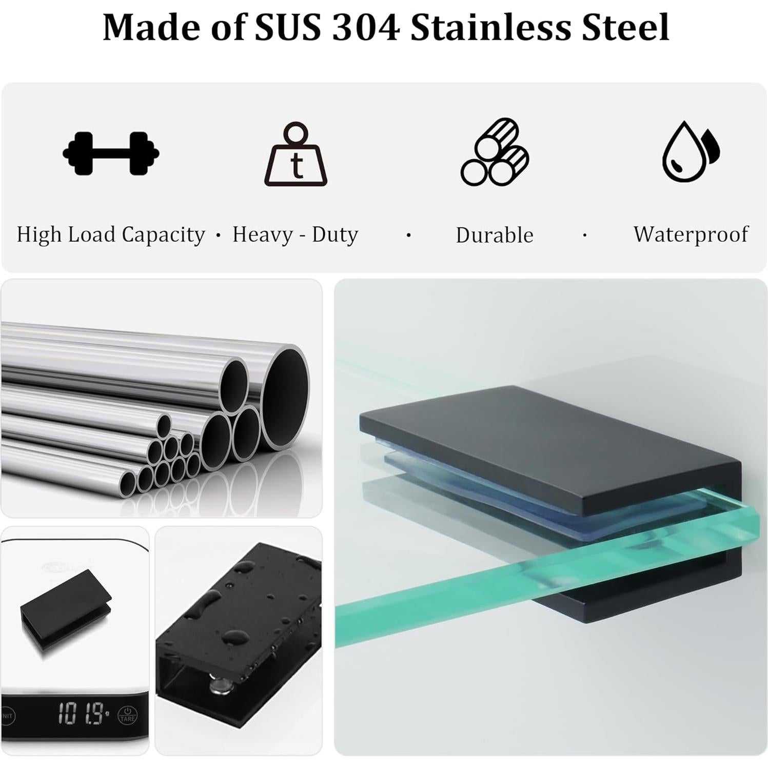 Soportes de vidrio Alise 2 Pcs, acero inoxidable negro mate