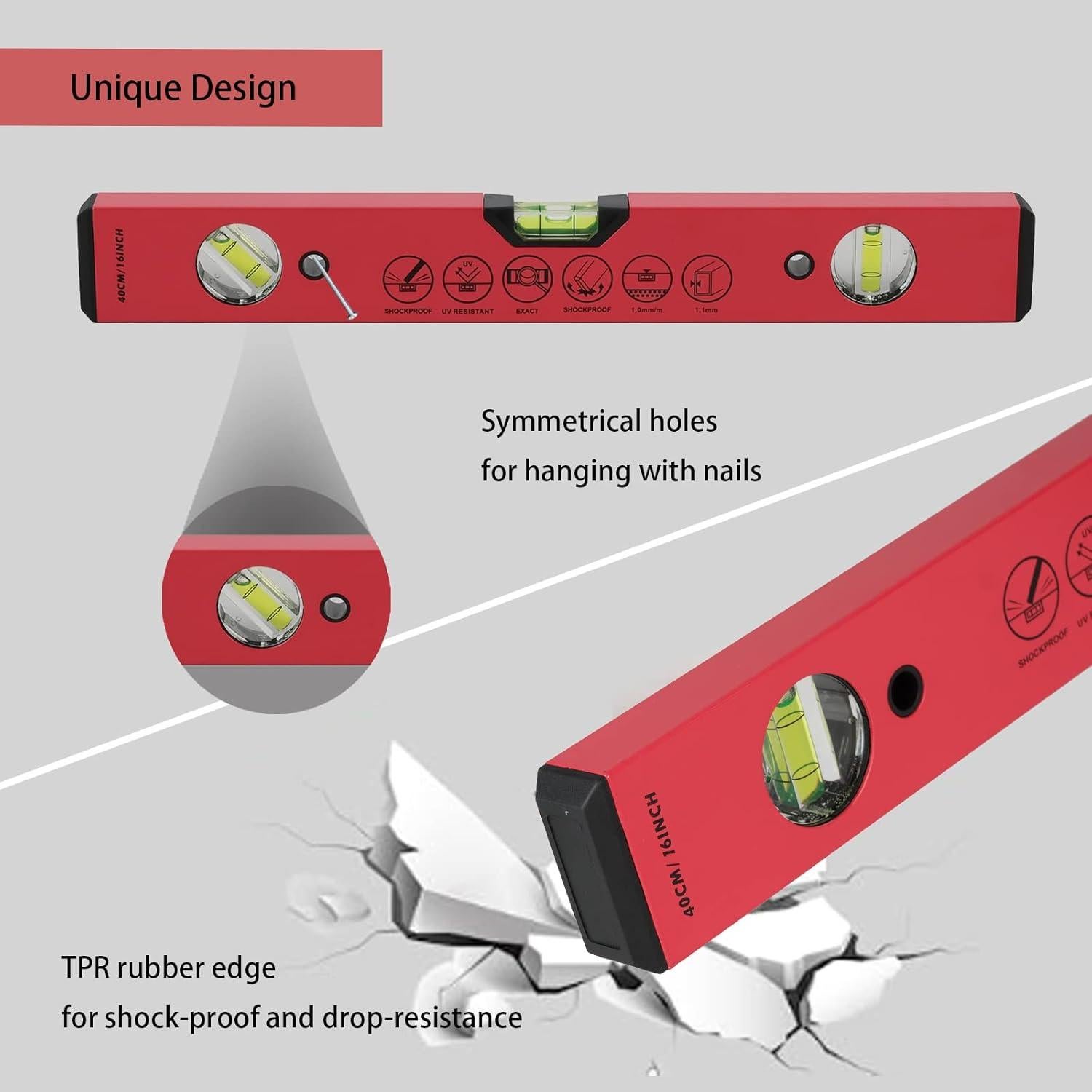 Nivel Torpedo Magnético BETHEL 40.64 cm Aluminio Rojo 3 Viales