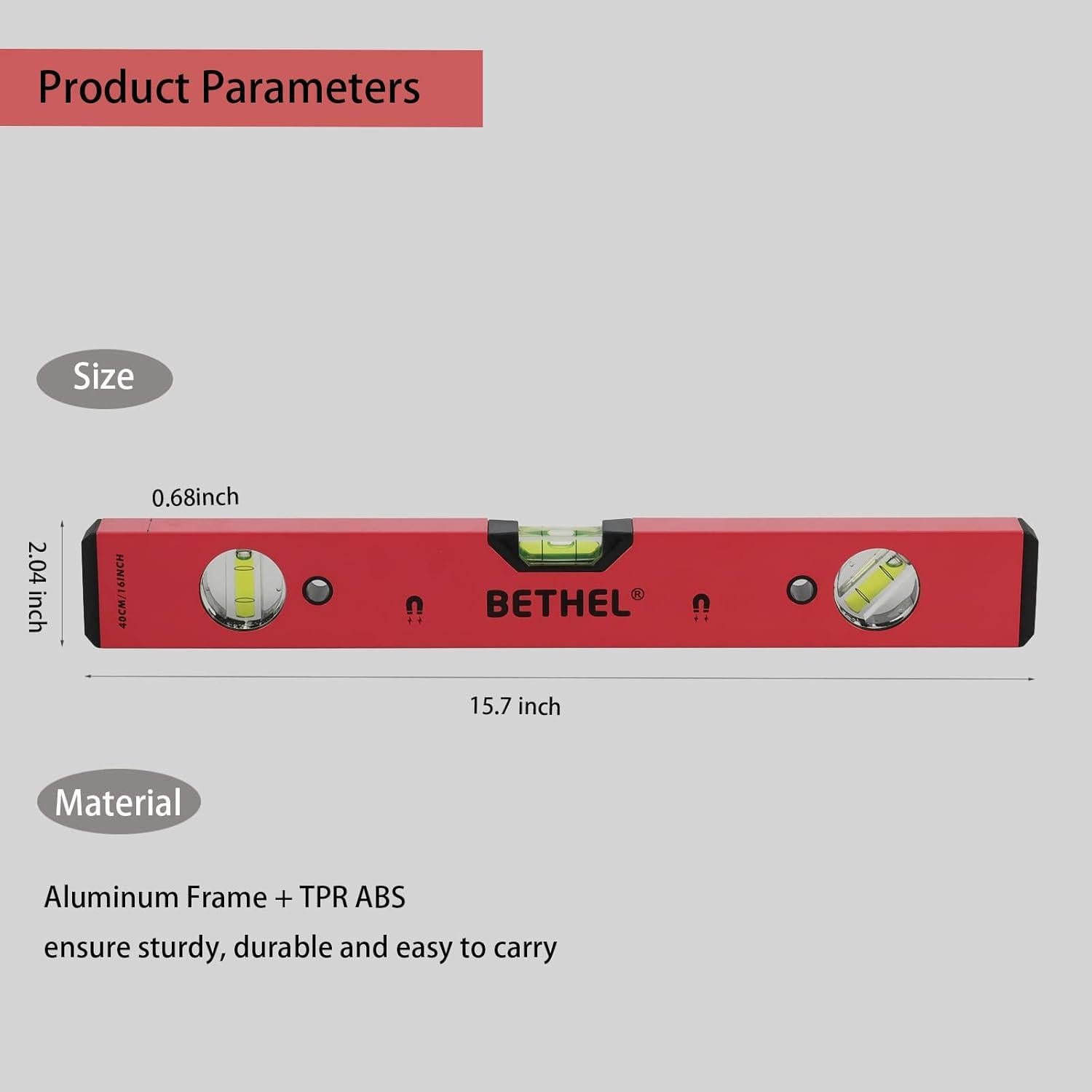 Nivel Torpedo Magnético BETHEL 40.64 cm Aluminio Rojo 3 Viales