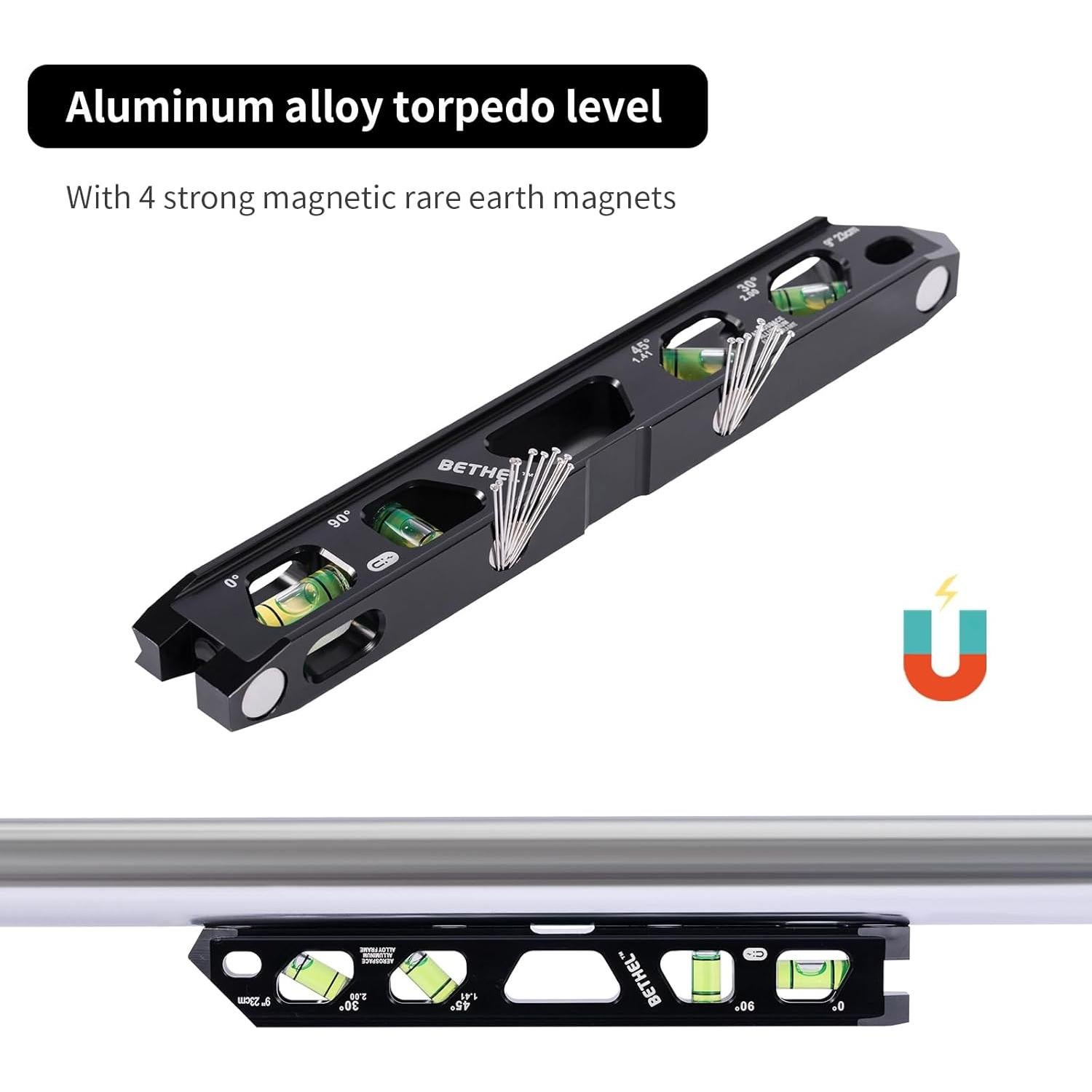 Nivel Torpedo Magnético BETHEL 22.86 cm con 4 Frascos de Burbuja