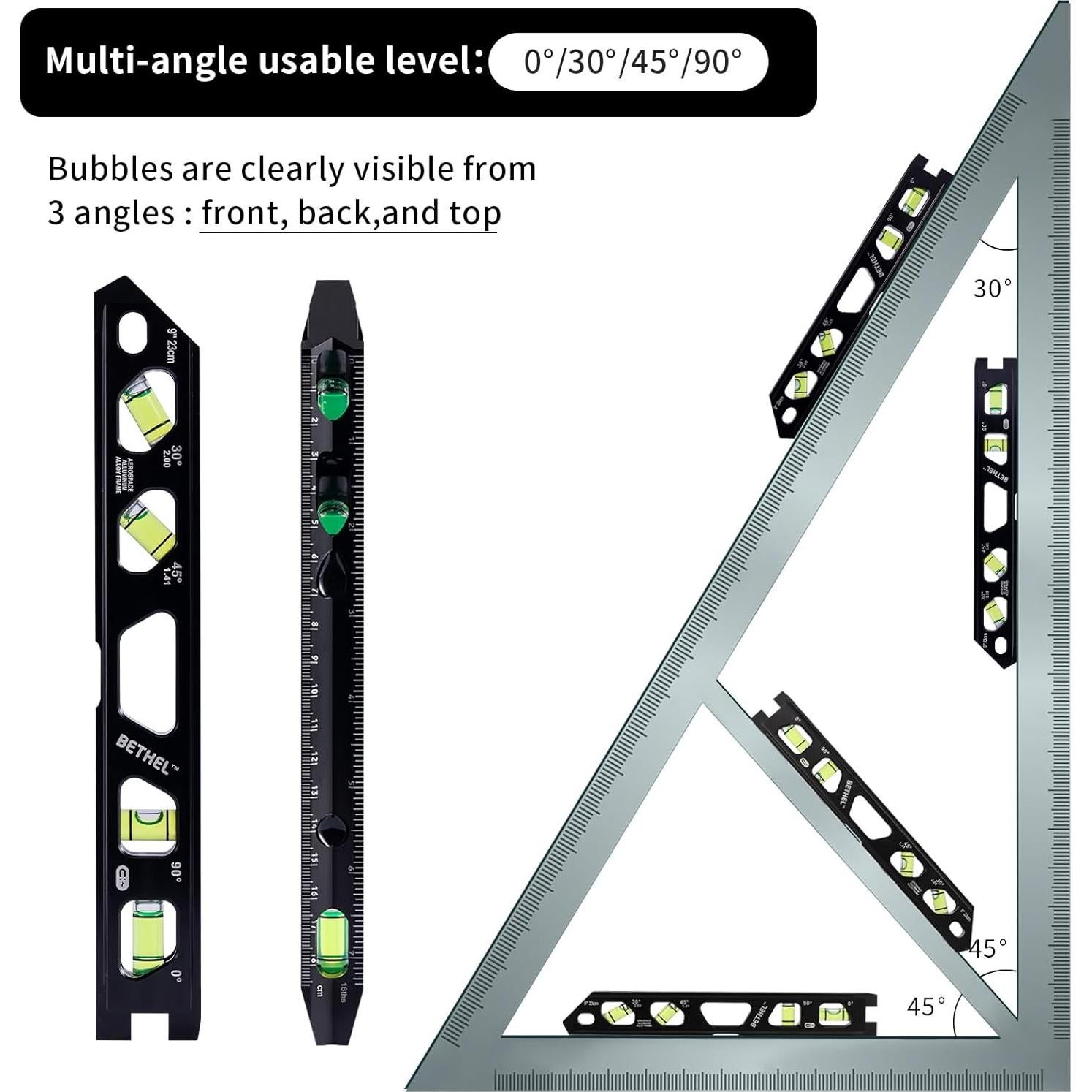 Nivel Torpedo Magnético BETHEL 22.86 cm con 4 Frascos de Burbuja