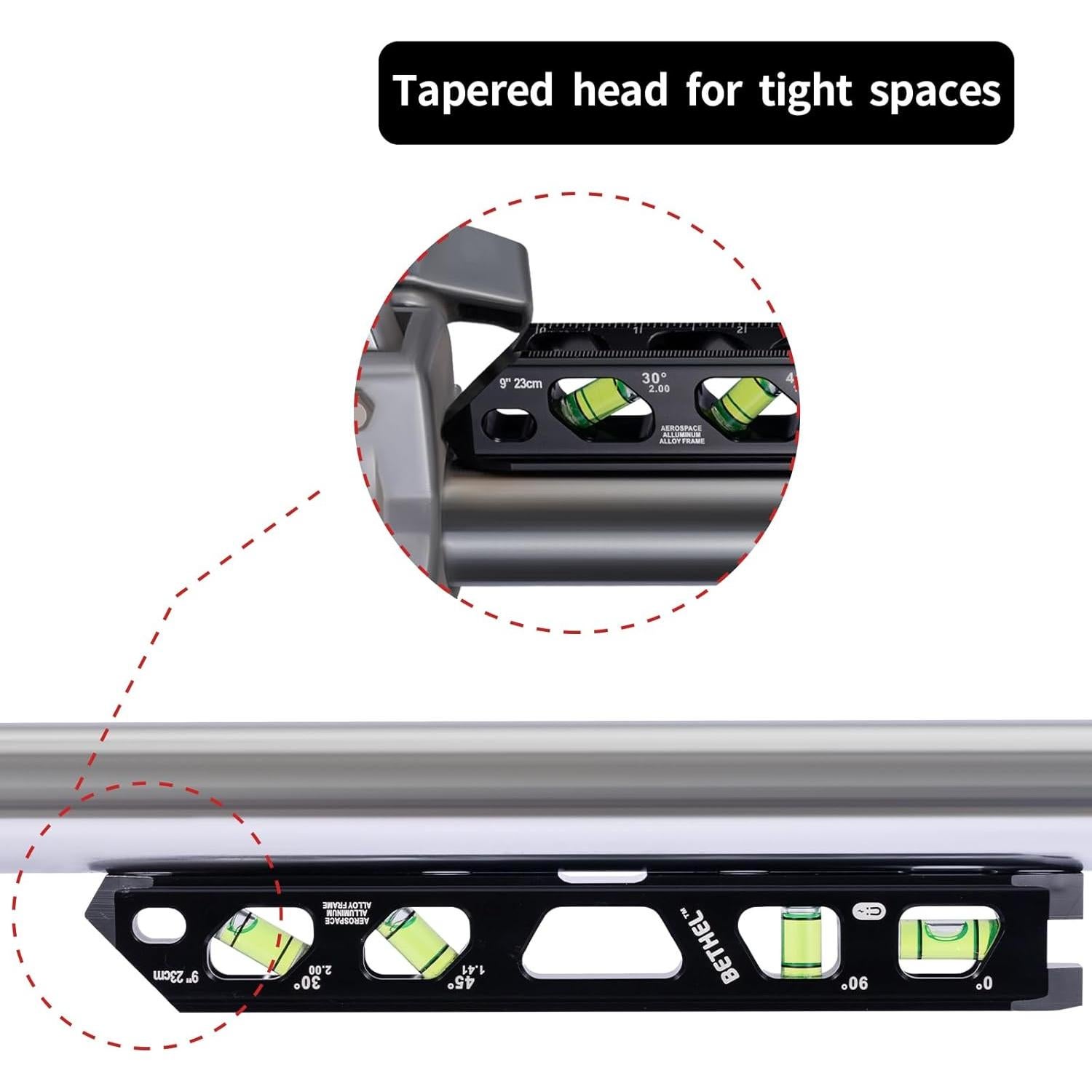 Nivel Torpedo Magnético BETHEL 22.86 cm con 4 Frascos de Burbuja