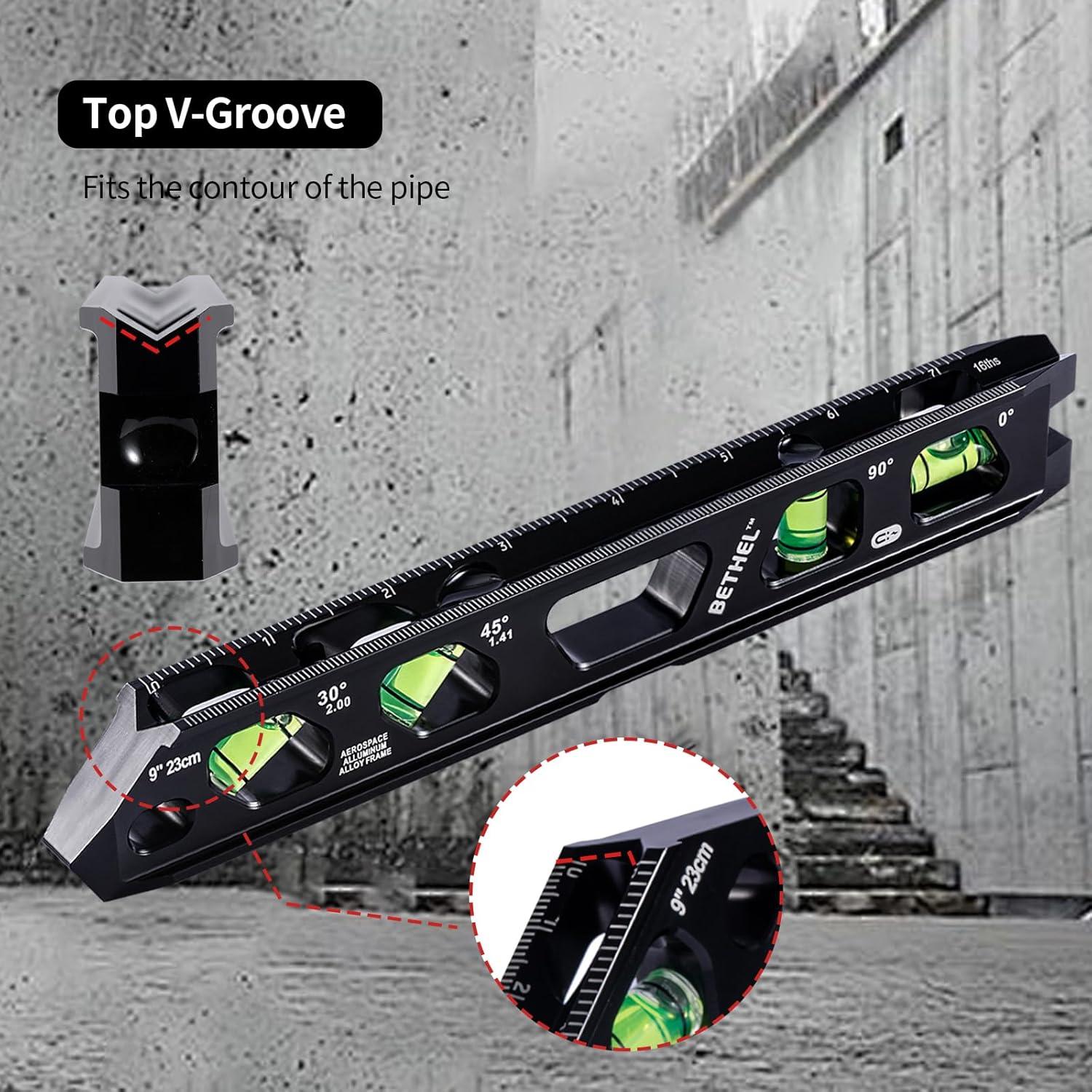 Nivel Torpedo Magnético BETHEL 22.86 cm con 4 Frascos de Burbuja