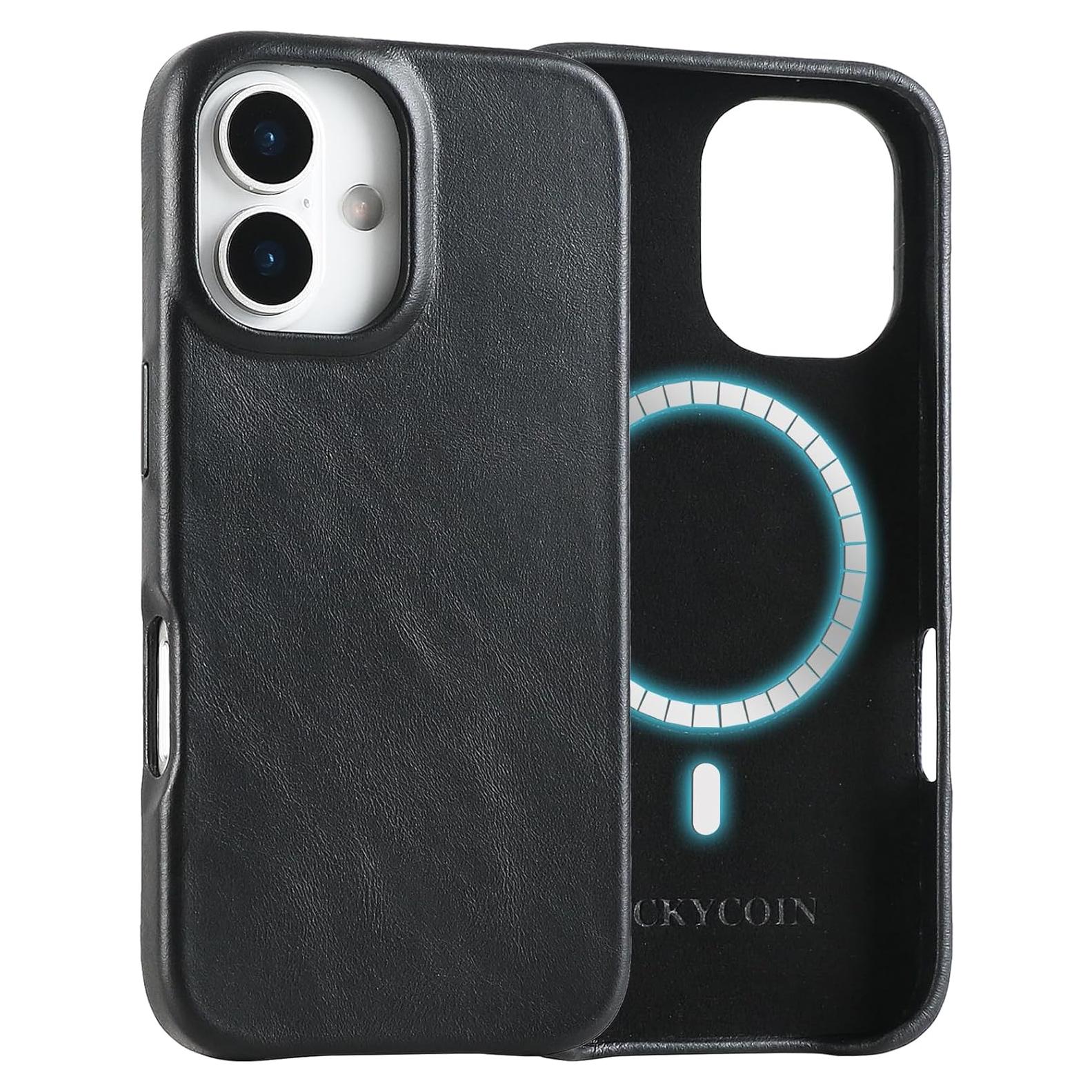 Funda de cuero LUCKYCOIN para iPhone 16 - MagSafe, Negro