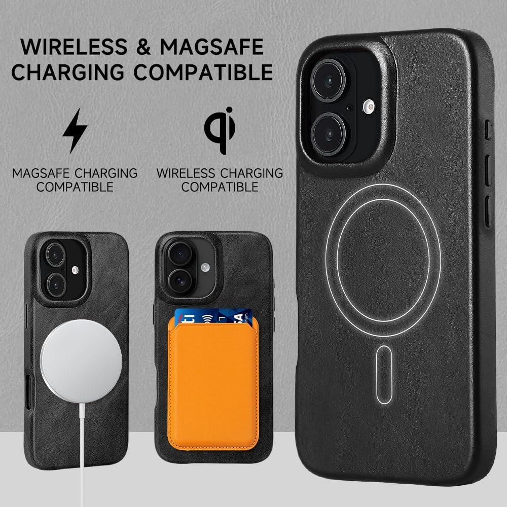 Funda de cuero LUCKYCOIN para iPhone 16 - MagSafe, Negro