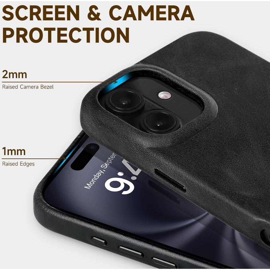 Funda de cuero LUCKYCOIN para iPhone 16 - MagSafe, Negro