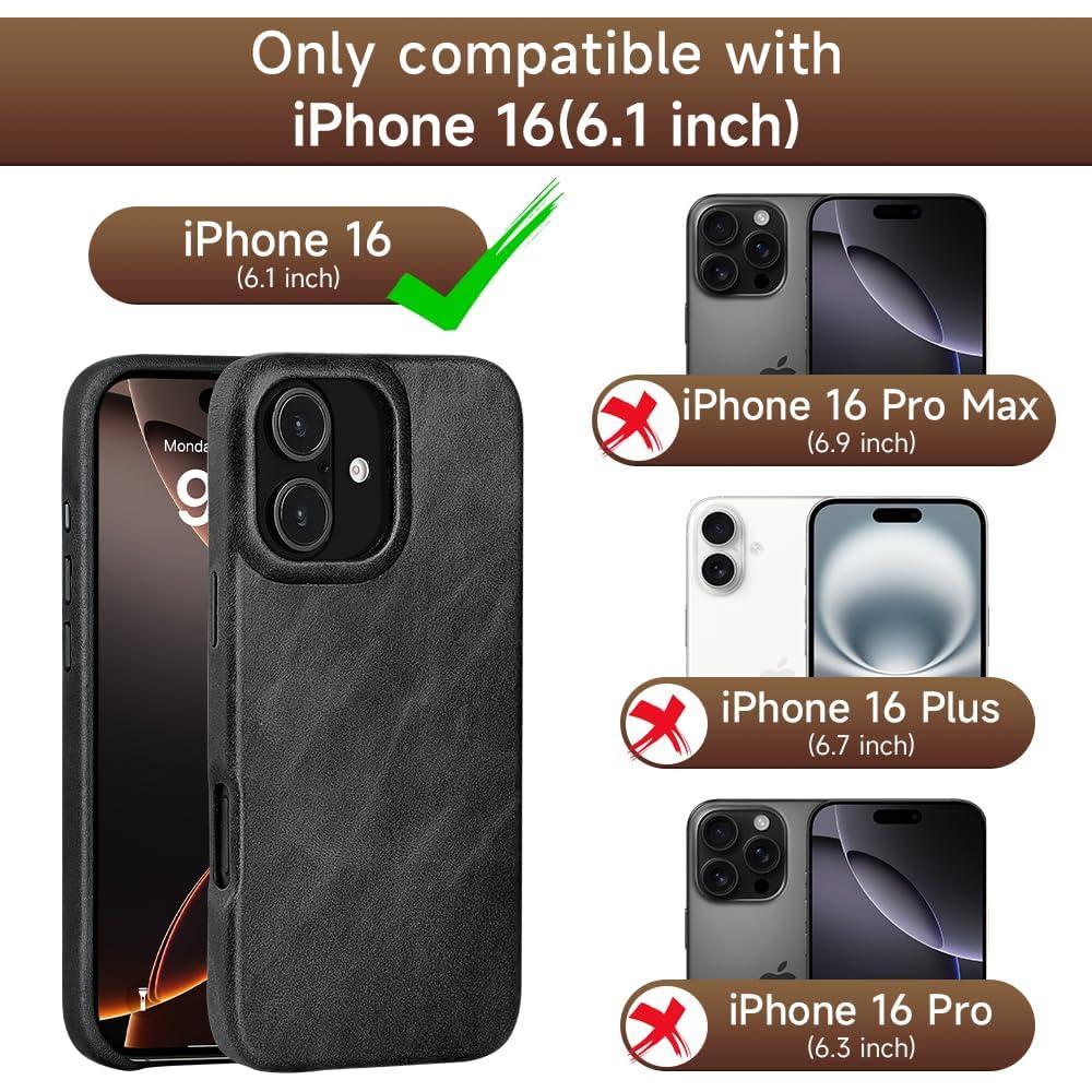 Funda de cuero LUCKYCOIN para iPhone 16 - MagSafe, Negro