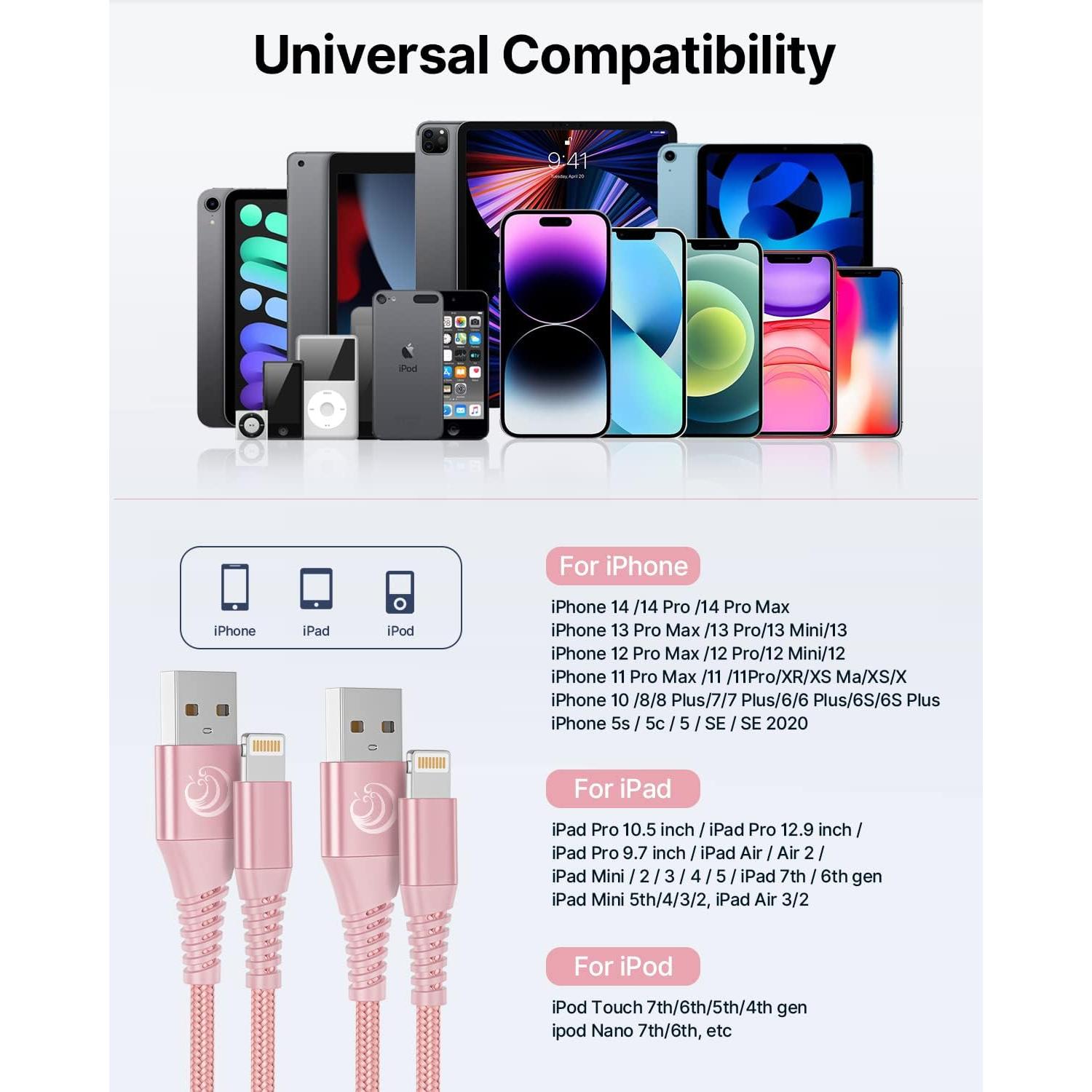 Cargador Aioneus 2Pack 6 pies USB a Lightning Rosa