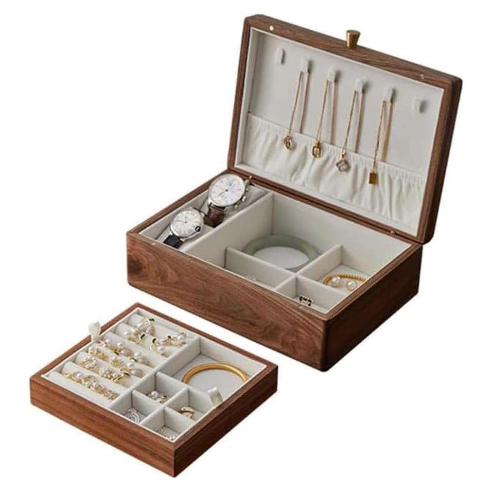 Caja de Joyería de Madera de Nogal Piwah - 2 Capas, Organizador