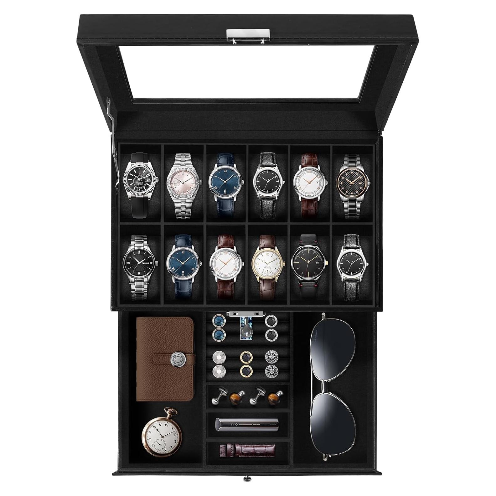 Caja de Relojes Uten de 12 Compartimentos con Tapa de Vidrio