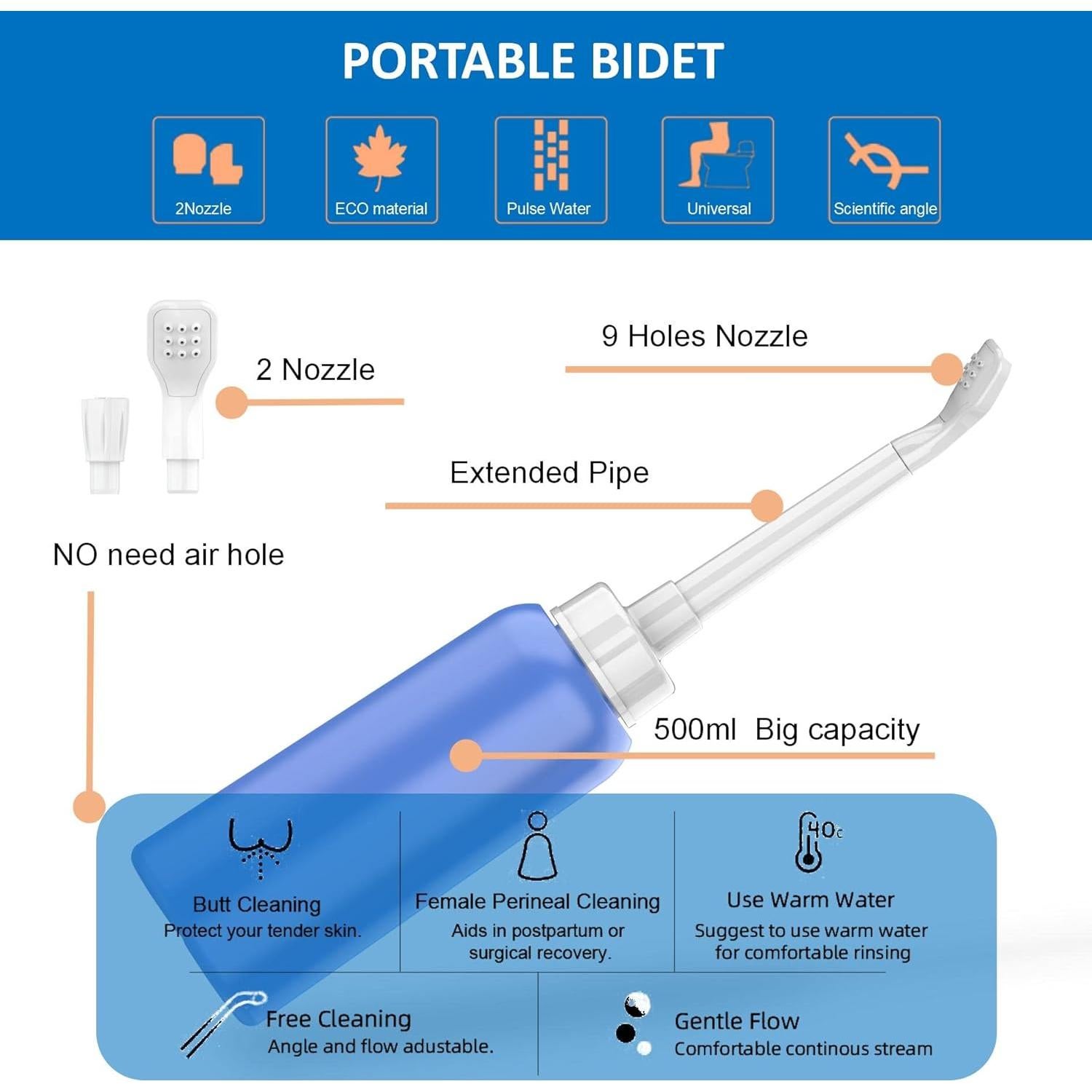 Bidet Portátil 2PCS TONELIFE 500ml Azul y Rosa con Boquillas