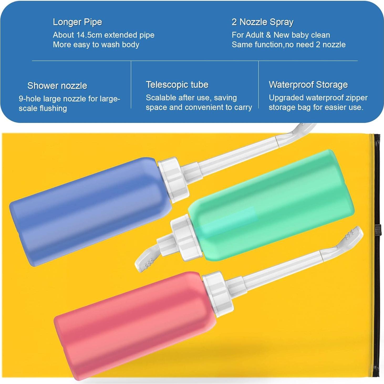 Bidet Portátil 2PCS TONELIFE 500ml Azul y Rosa con Boquillas