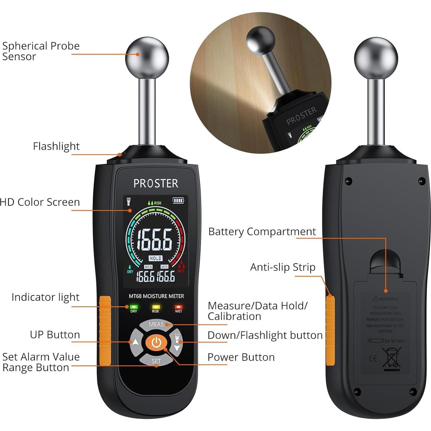 Medidor de Humedad Proster MT68 No Destructivo LCD Color 20-40mm