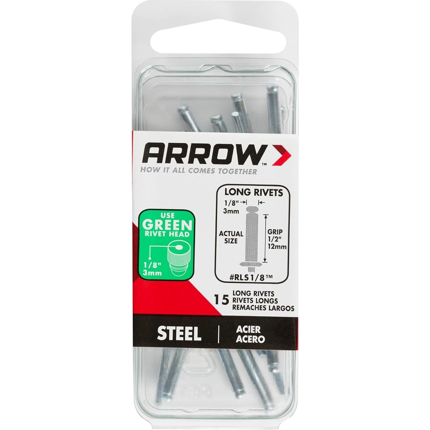 Remaches de acero Arrow RLS1/8, 15 piezas, 3 mm diámetro