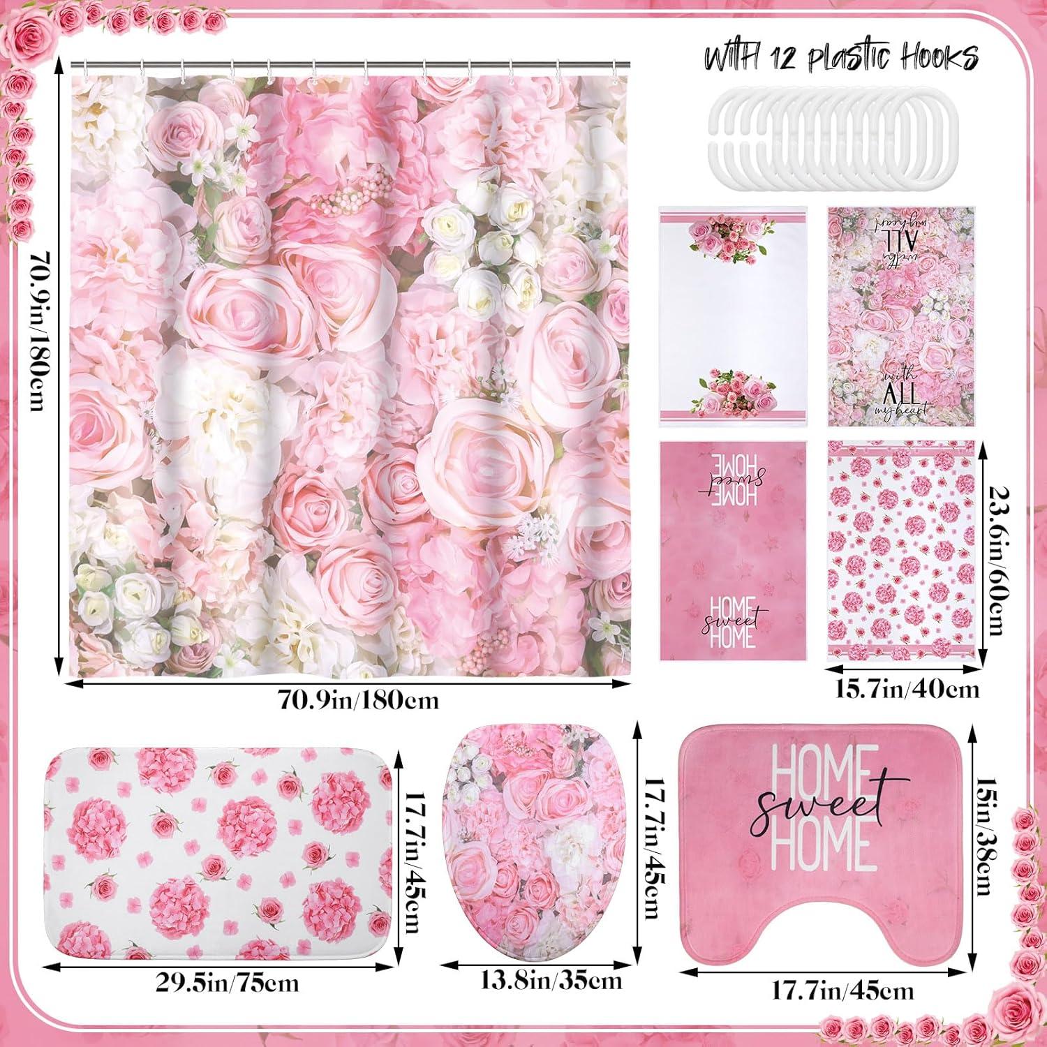 Conjunto de Cortina de Ducha Honoson 8 Piezas Rosa Floral