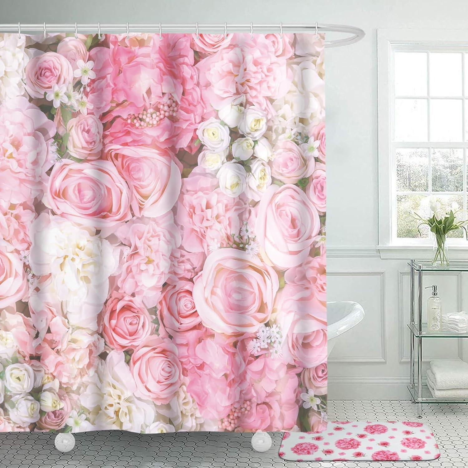 Conjunto de Cortina de Ducha Honoson 8 Piezas Rosa Floral